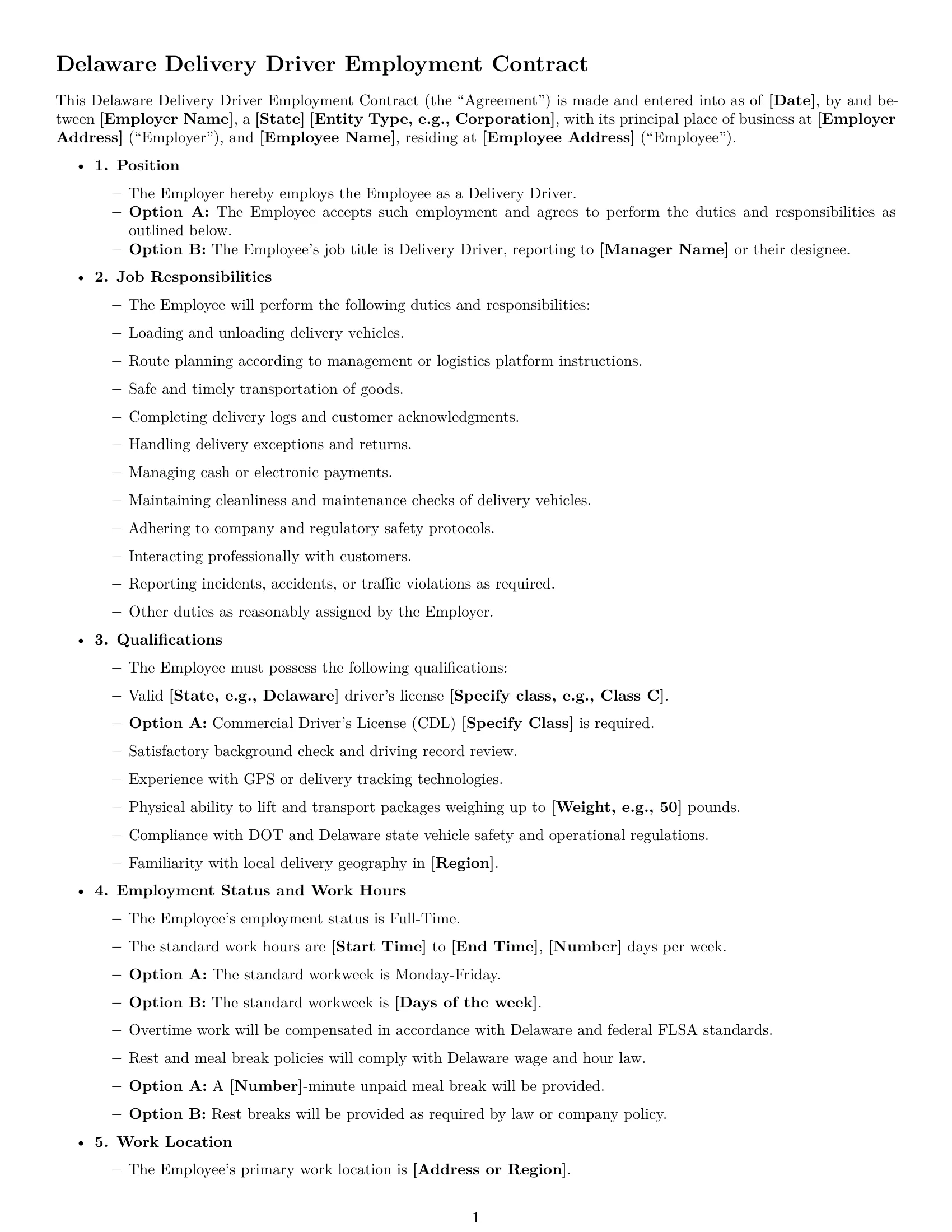 Preview page 1 of Free Delaware delivery driver employment contract template