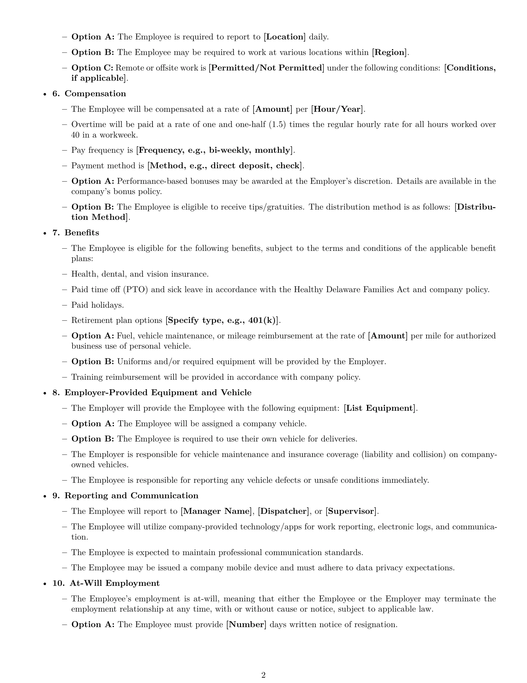 Preview page 2 of Free Delaware delivery driver employment contract template