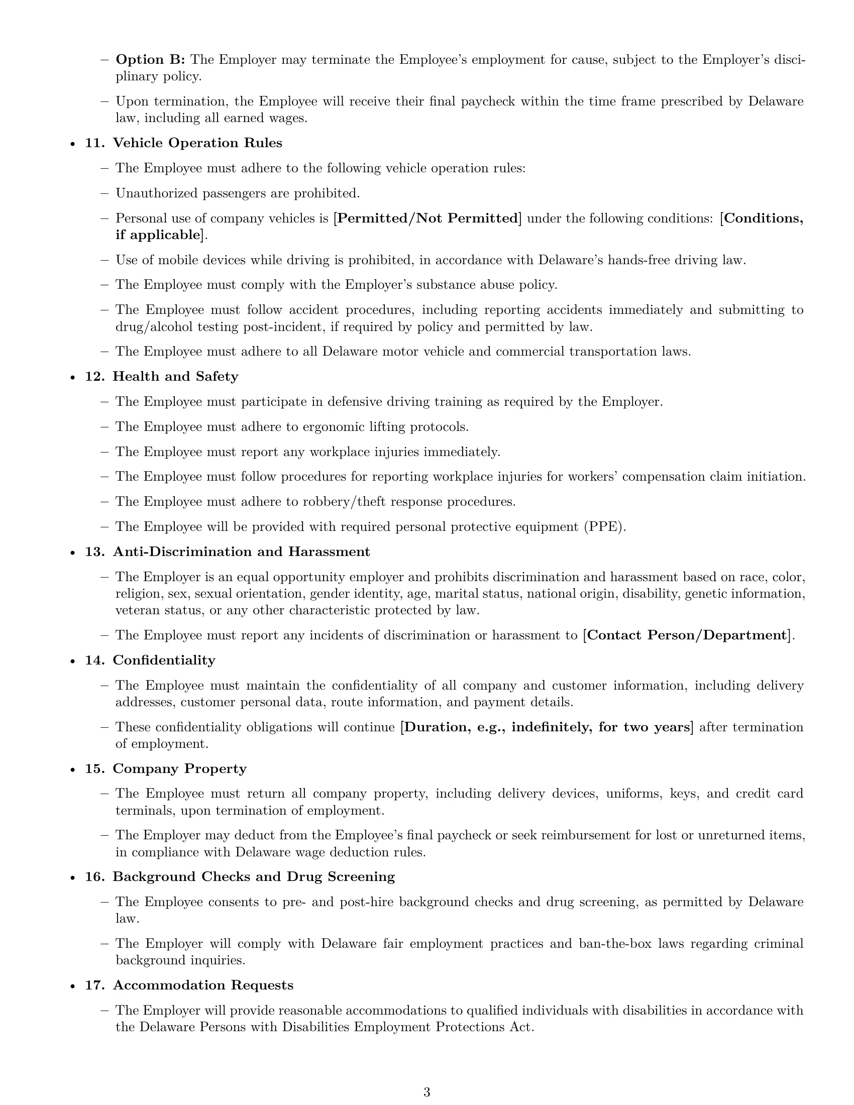 Preview page 3 of Free Delaware delivery driver employment contract template