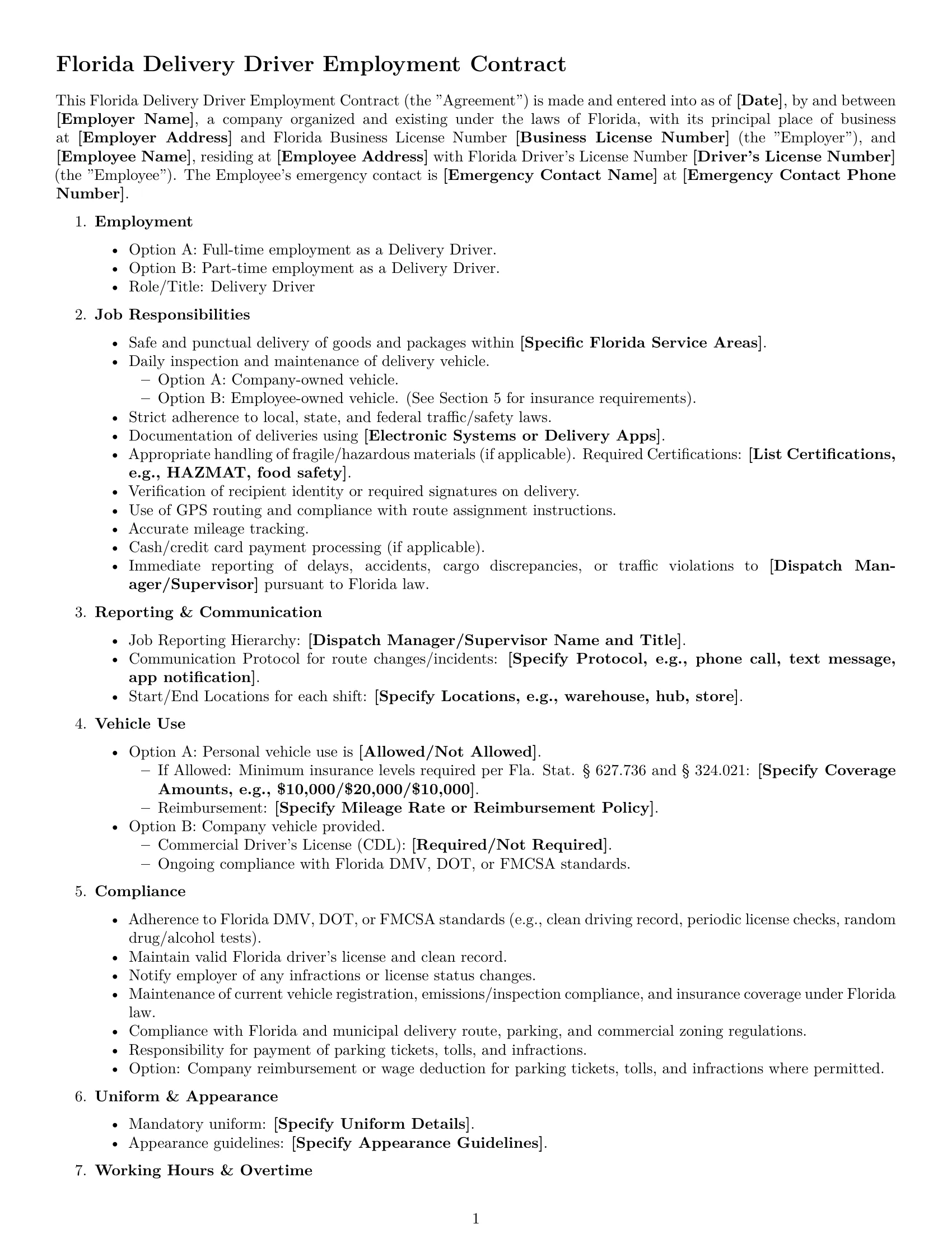 Preview page 1 of Free Florida delivery driver employment contract template