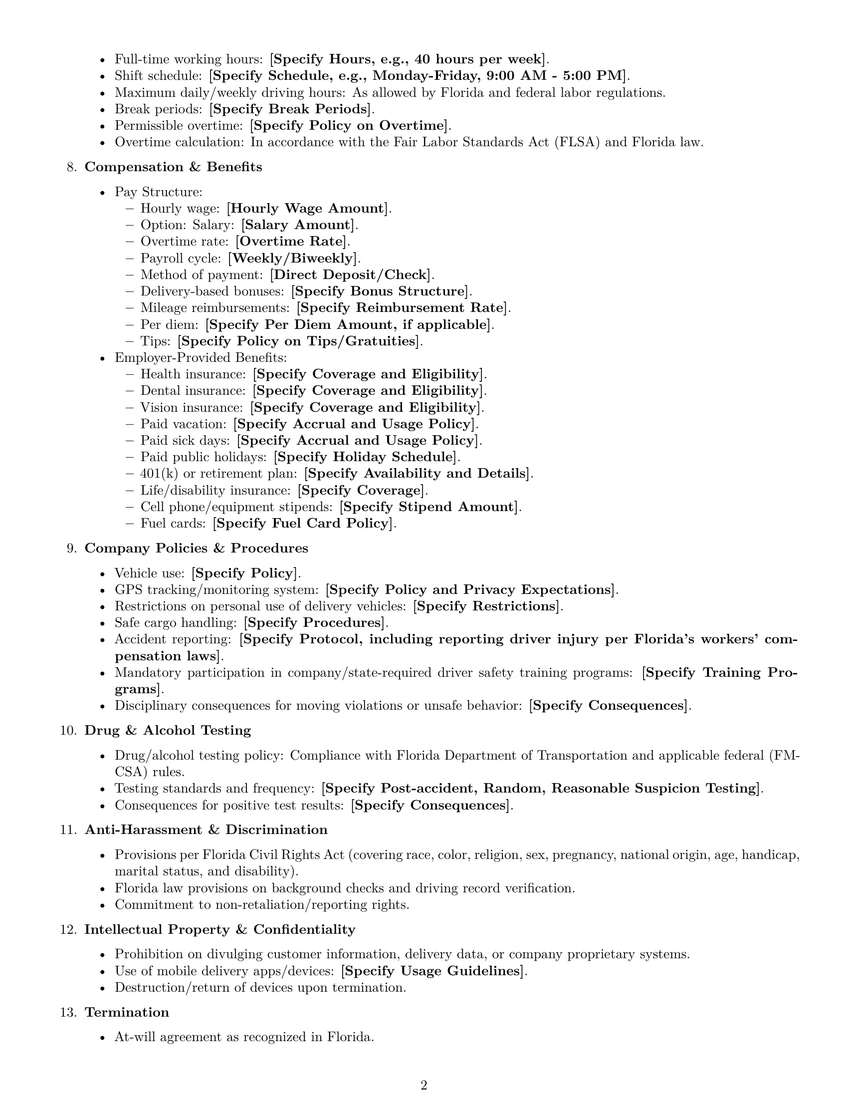 Preview page 2 of Free Florida delivery driver employment contract template