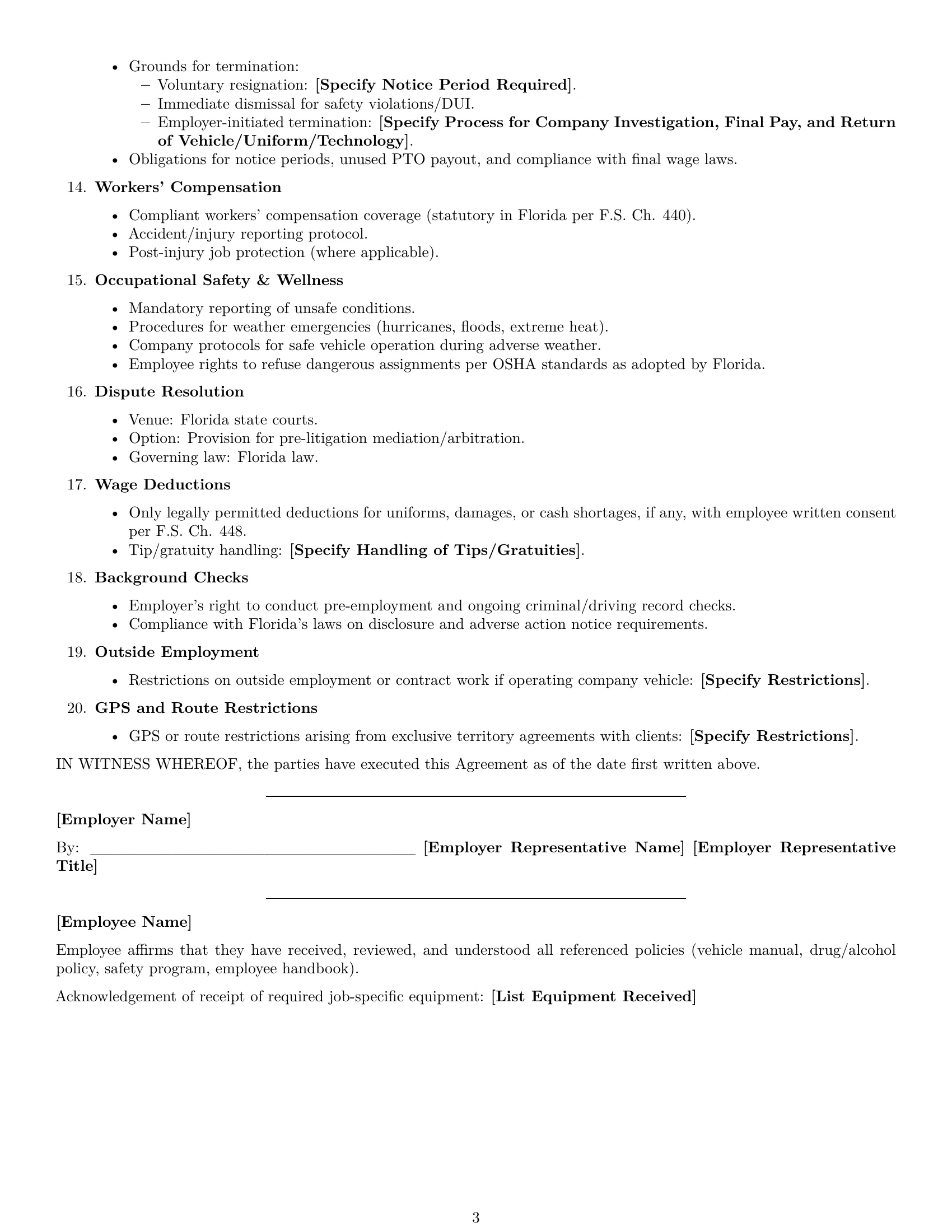 Preview page 3 of Free Florida delivery driver employment contract template