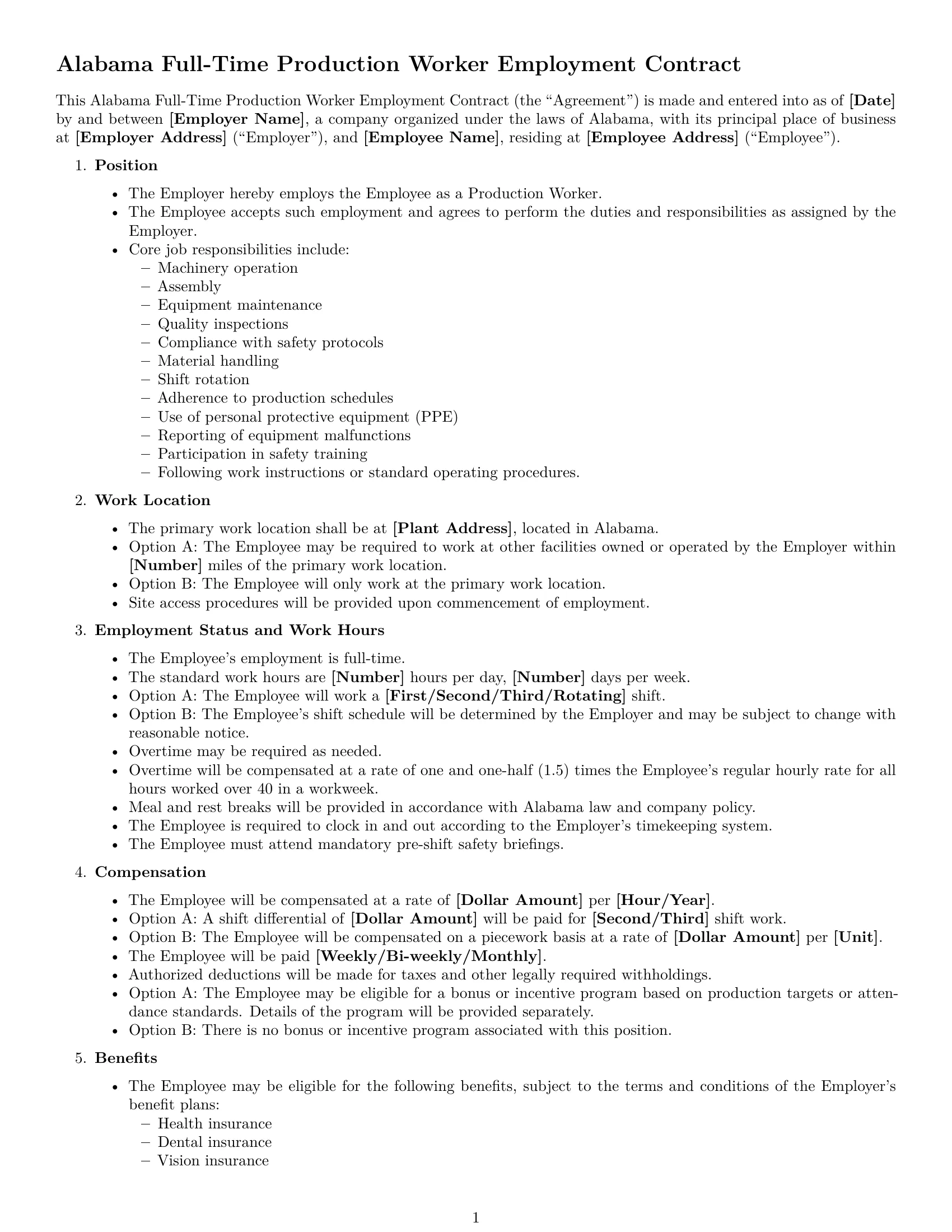 Preview page 1 of Free Alabama production worker employment contract template