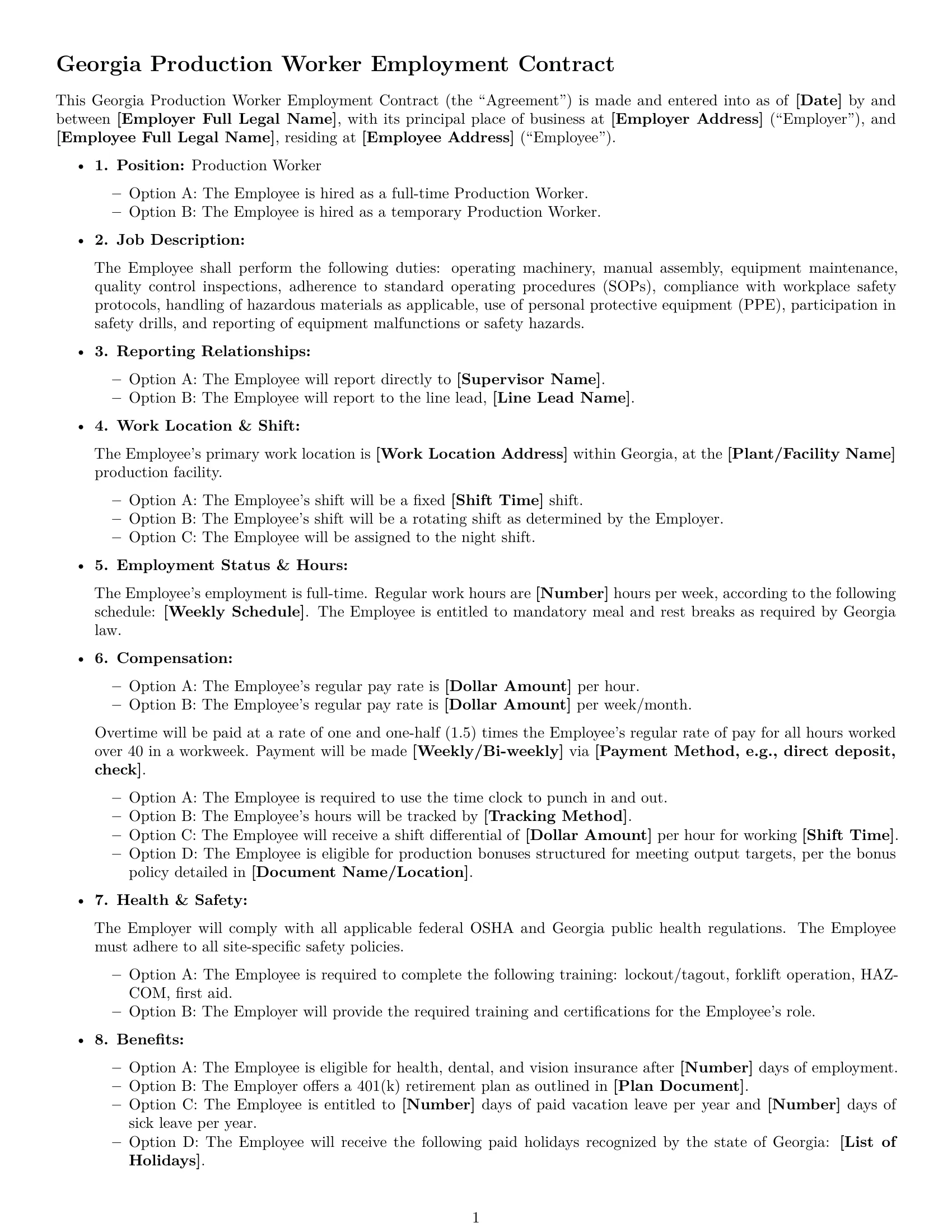 Preview page 1 of Free Georgia production worker employment contract template