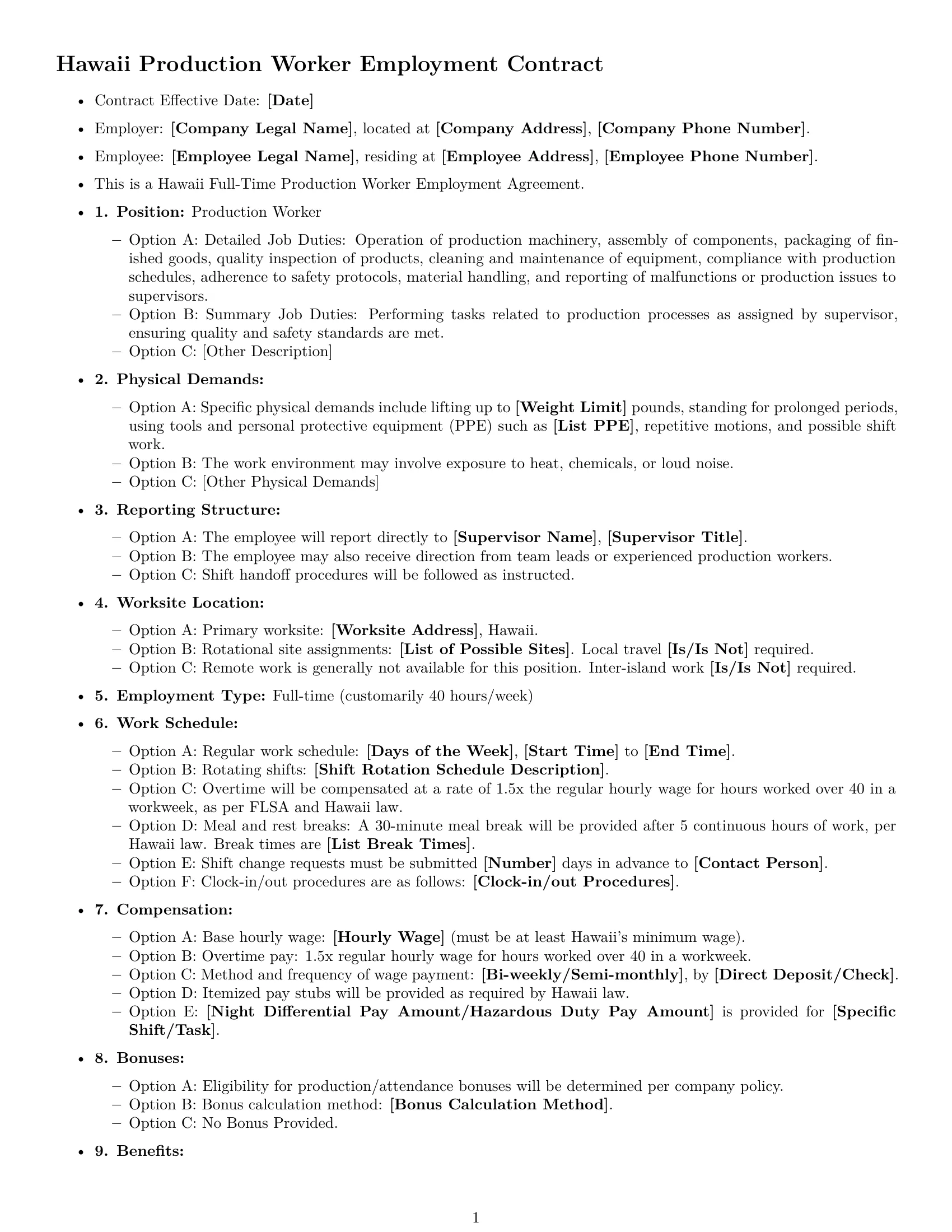Preview page 1 of Free Hawaii production worker employment contract template