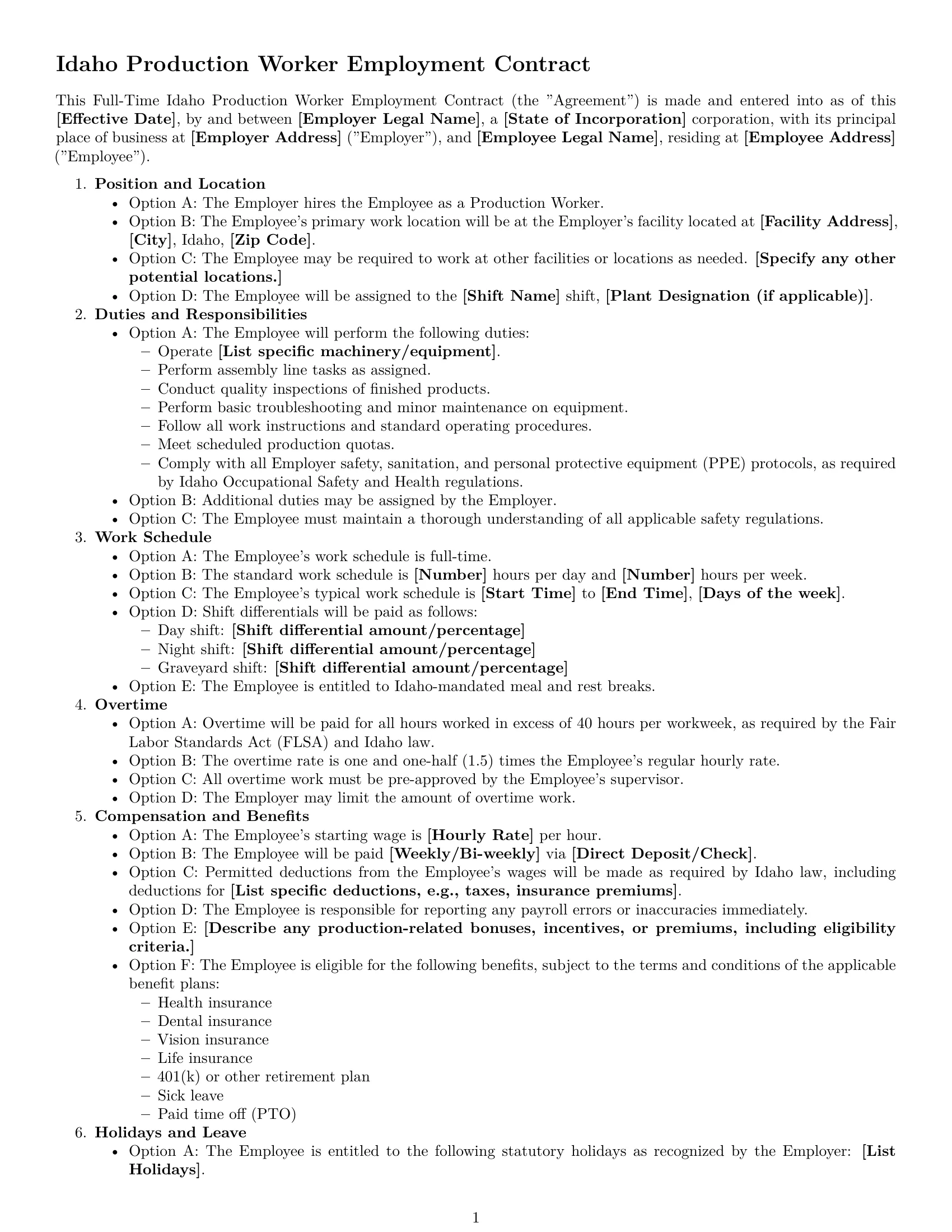 Preview page 1 of Free Idaho production worker employment contract template
