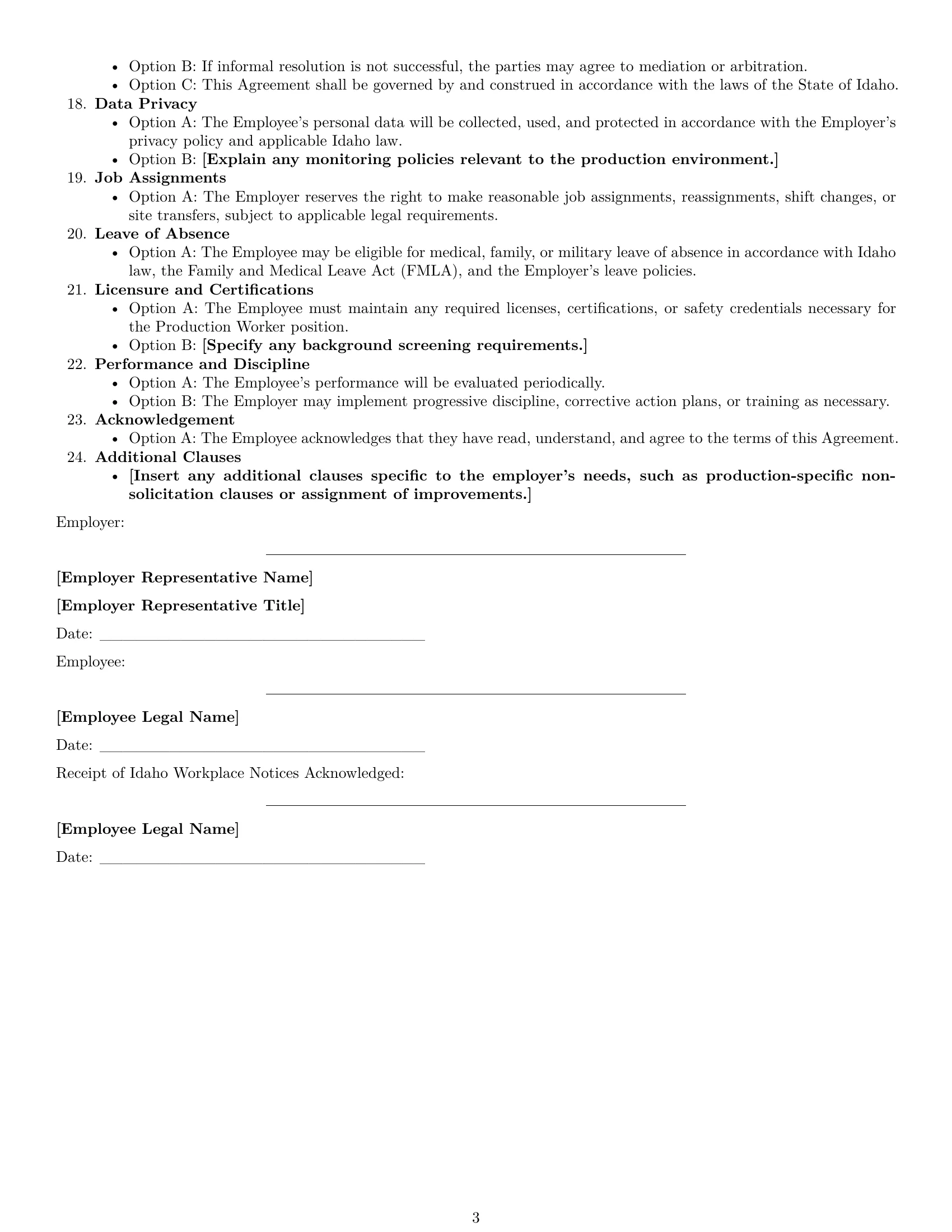 Preview page 3 of Free Idaho production worker employment contract template