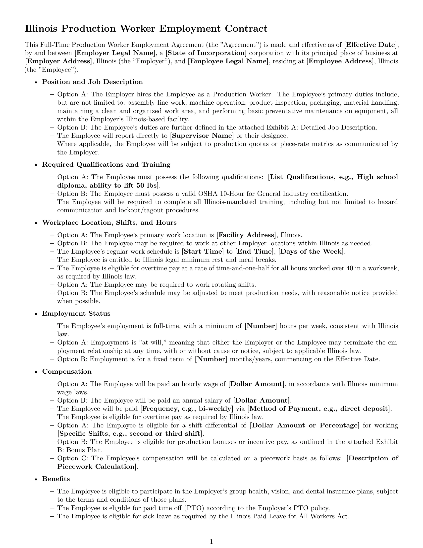 Preview page 1 of Free Illinois production worker employment contract template