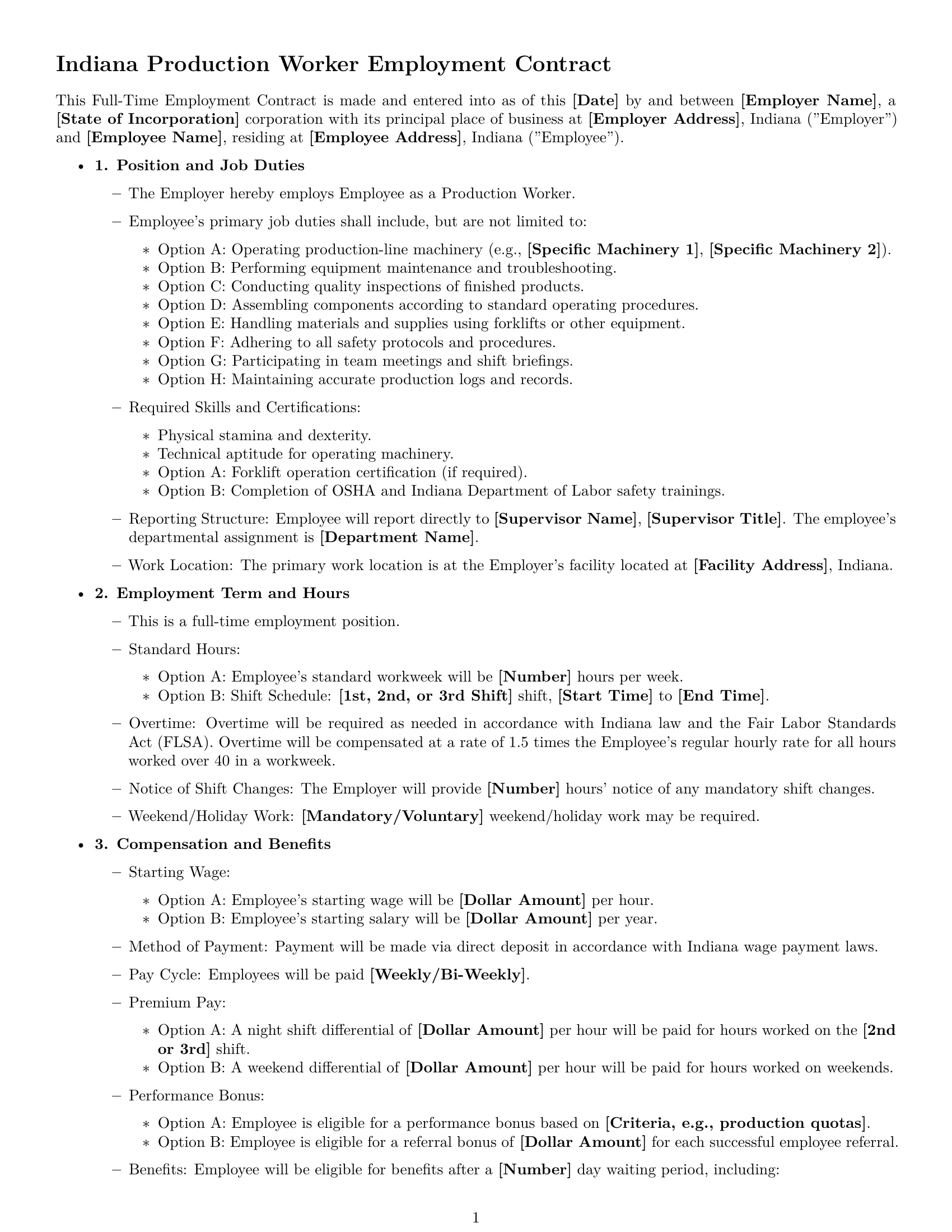 Preview page 1 of Free Indiana production worker employment contract template