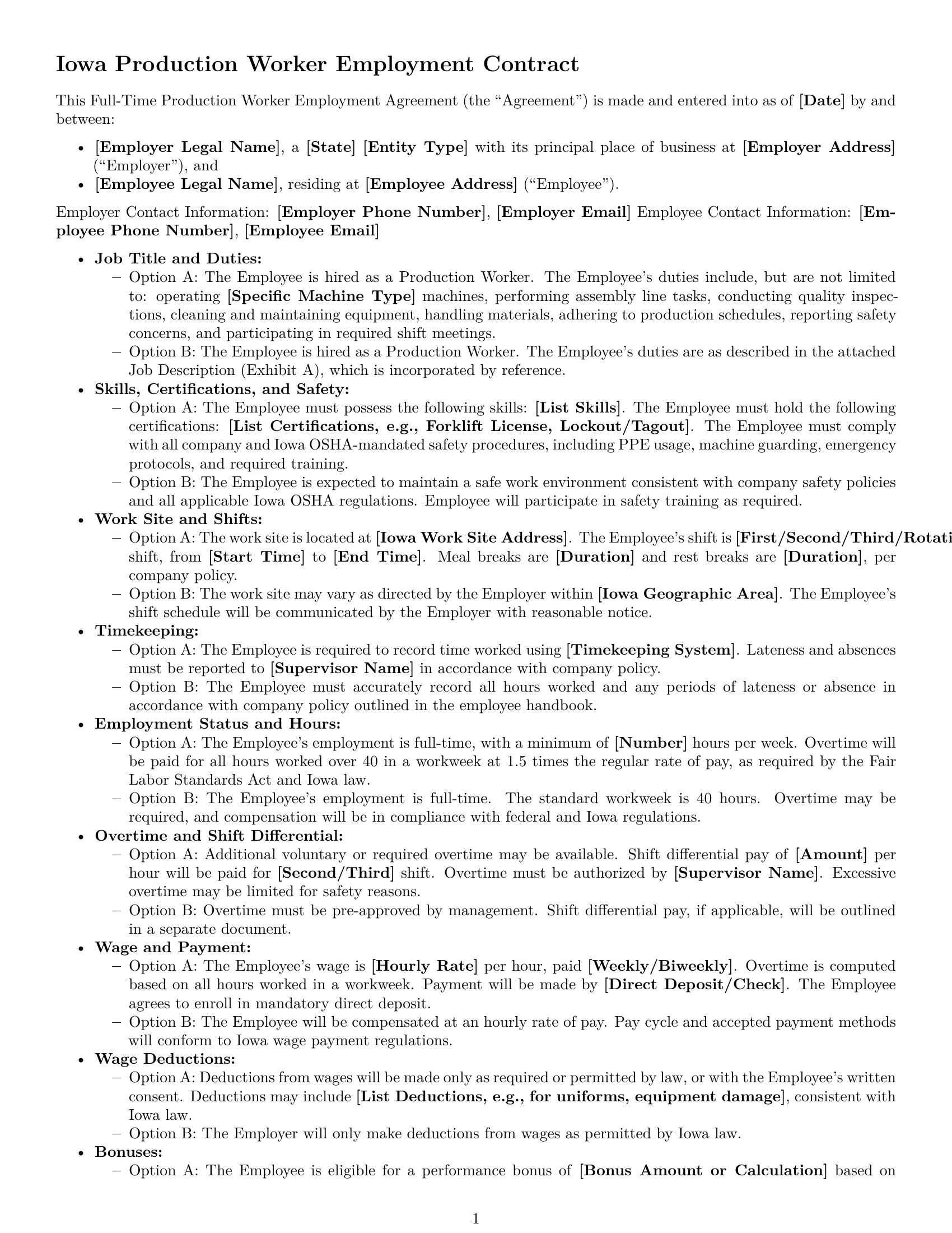 Preview page 1 of Free Iowa production worker employment contract template