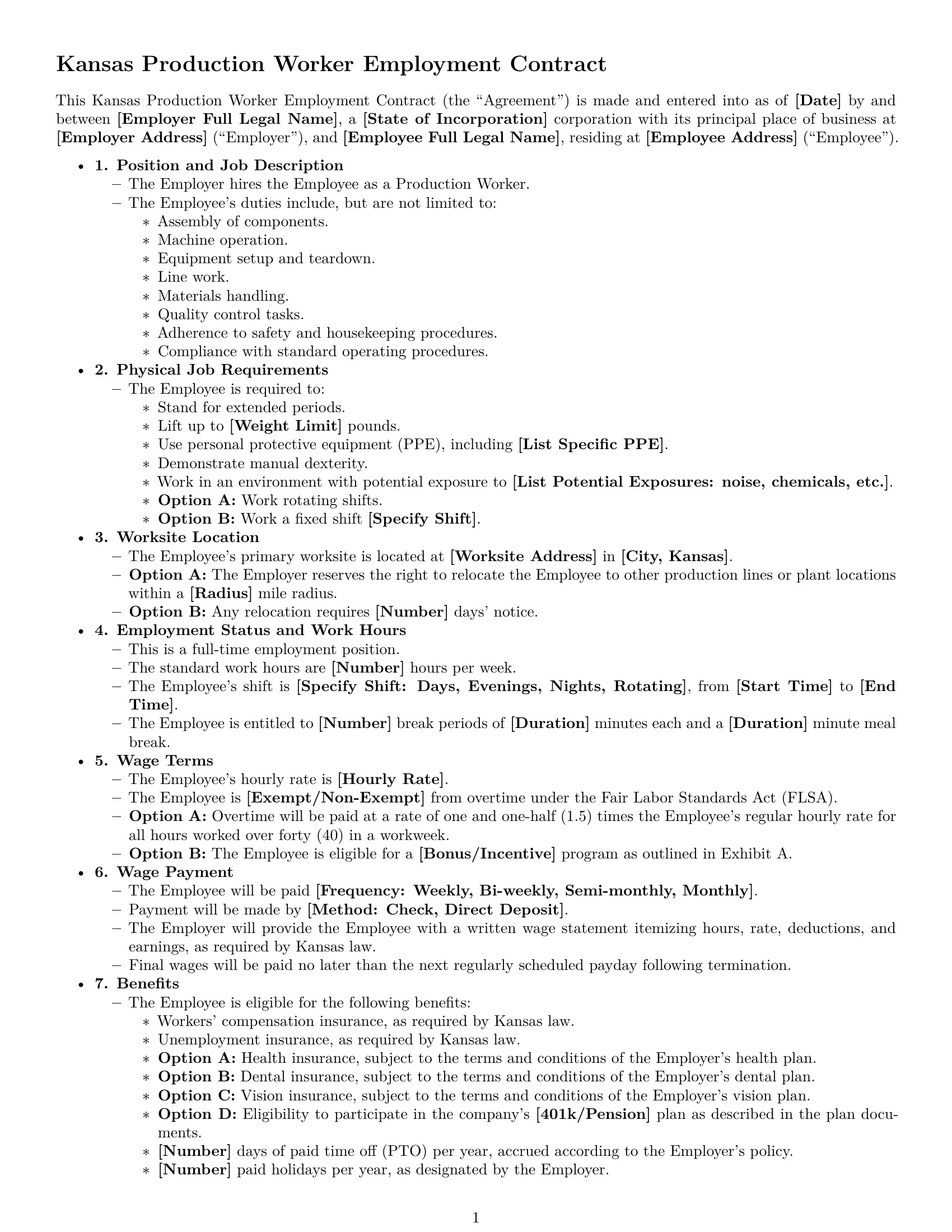 Preview page 1 of Free Kansas production worker employment contract template