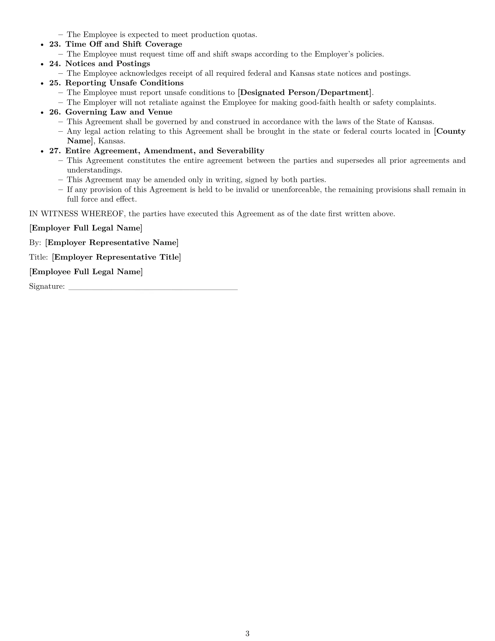 Preview page 3 of Free Kansas production worker employment contract template