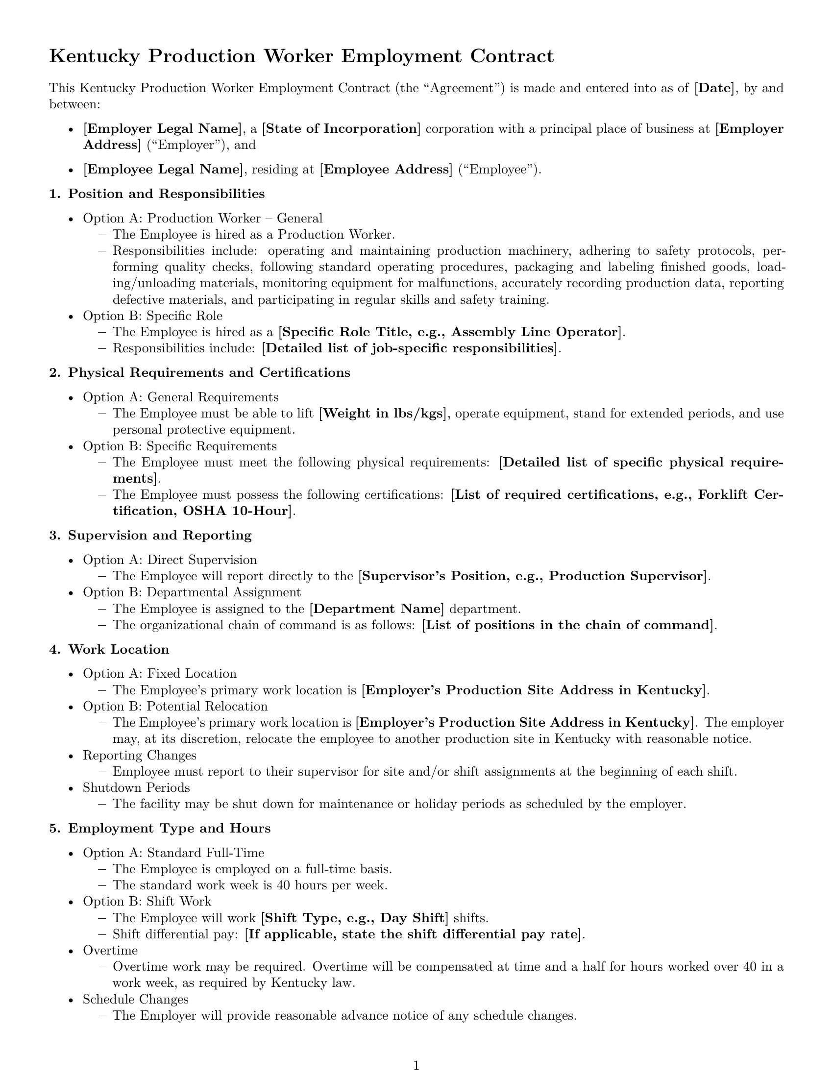 Preview page 1 of Free Kentucky production worker employment contract template