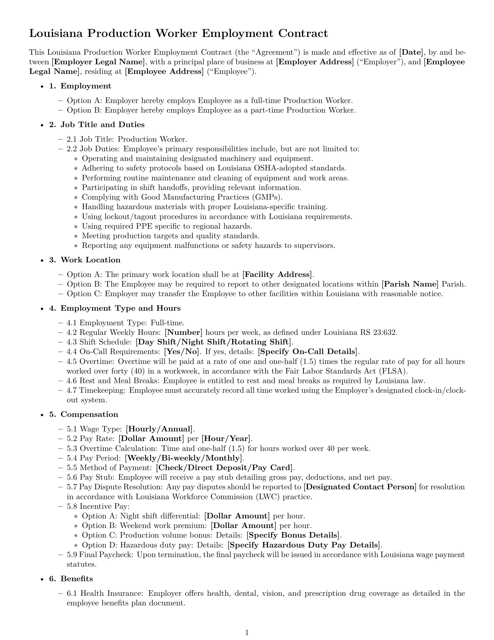Preview page 1 of Free Louisiana production worker employment contract template
