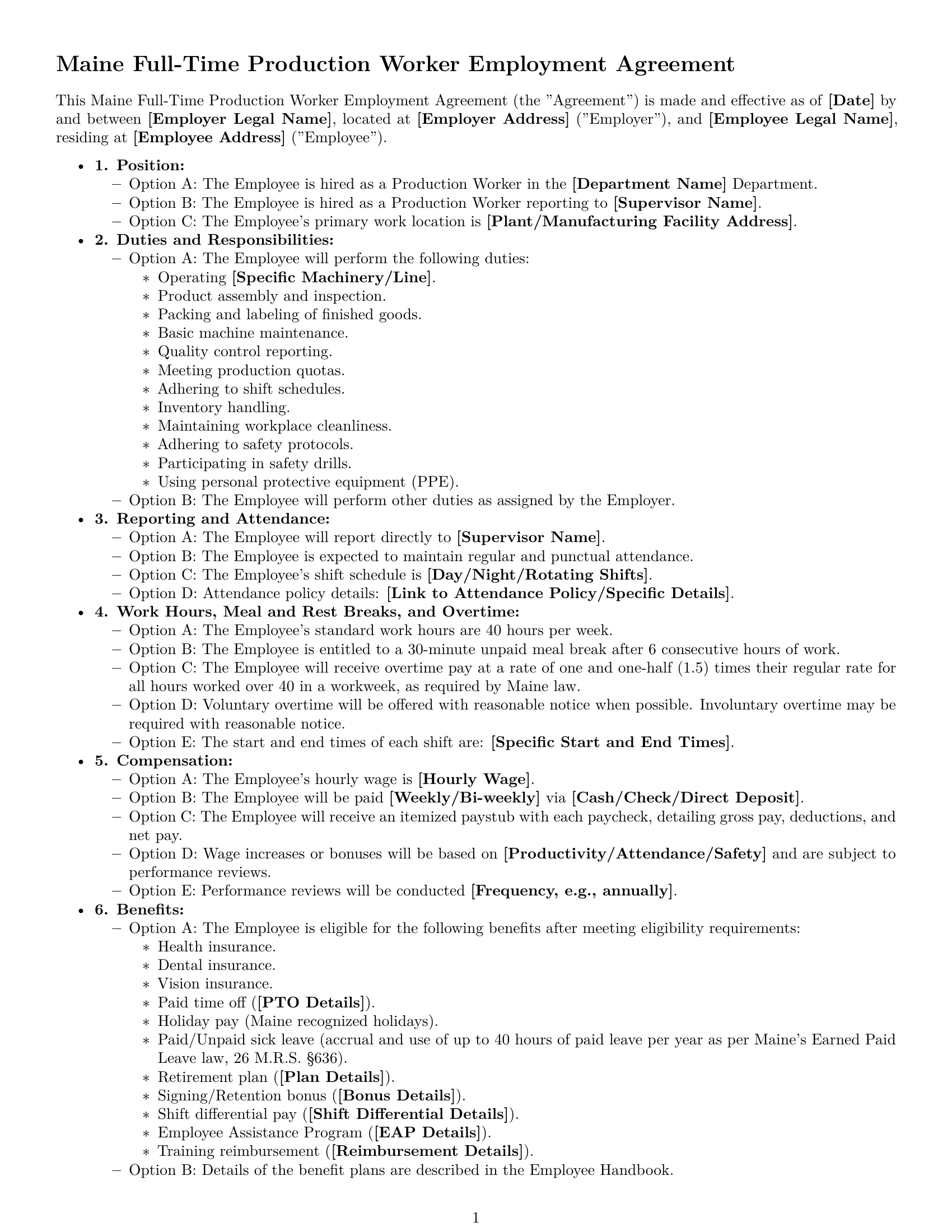 Preview page 1 of Free Maine production worker employment contract template