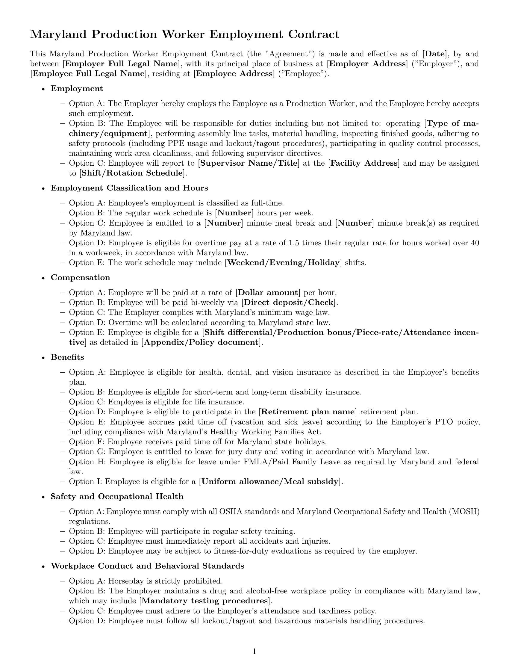 Preview page 1 of Free Maryland production worker employment contract template