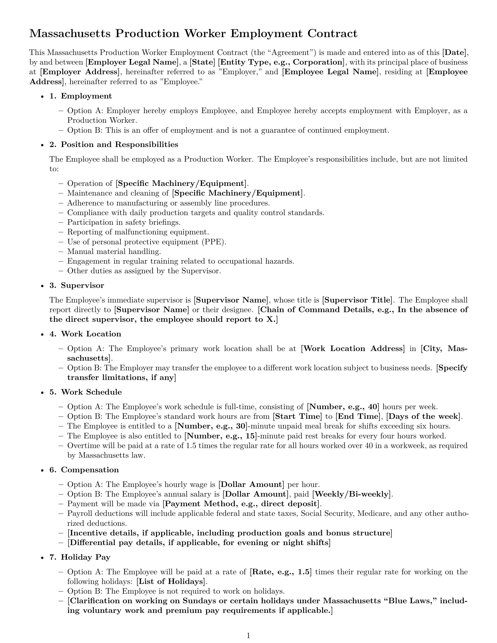 Preview page 1 of Free Massachusetts production worker employment contract template