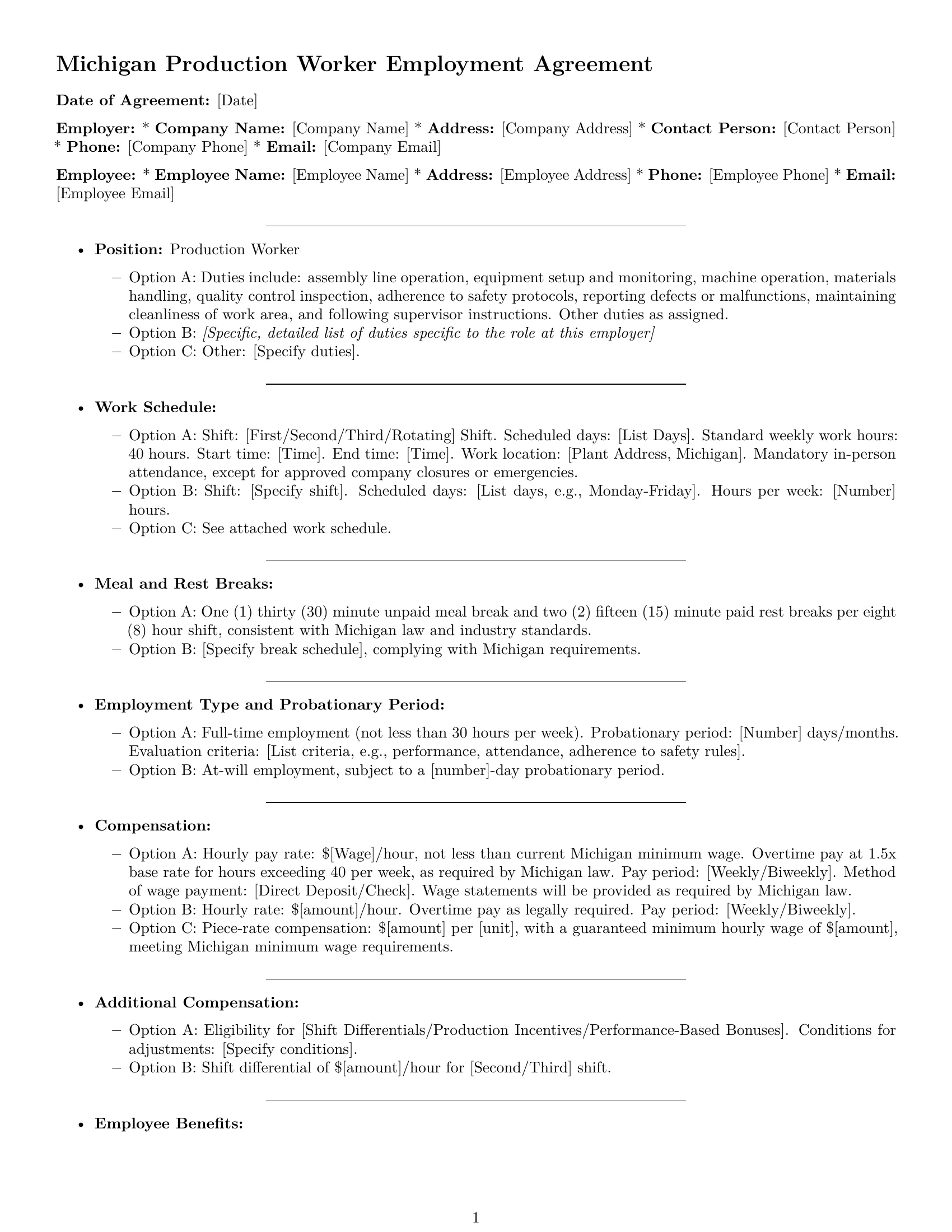 Preview page 1 of Free Michigan production worker employment contract template