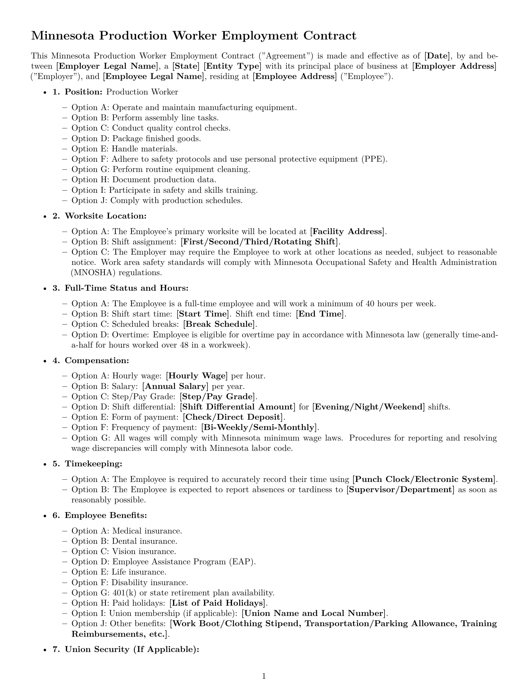 Preview page 1 of Free Minnesota production worker employment contract template