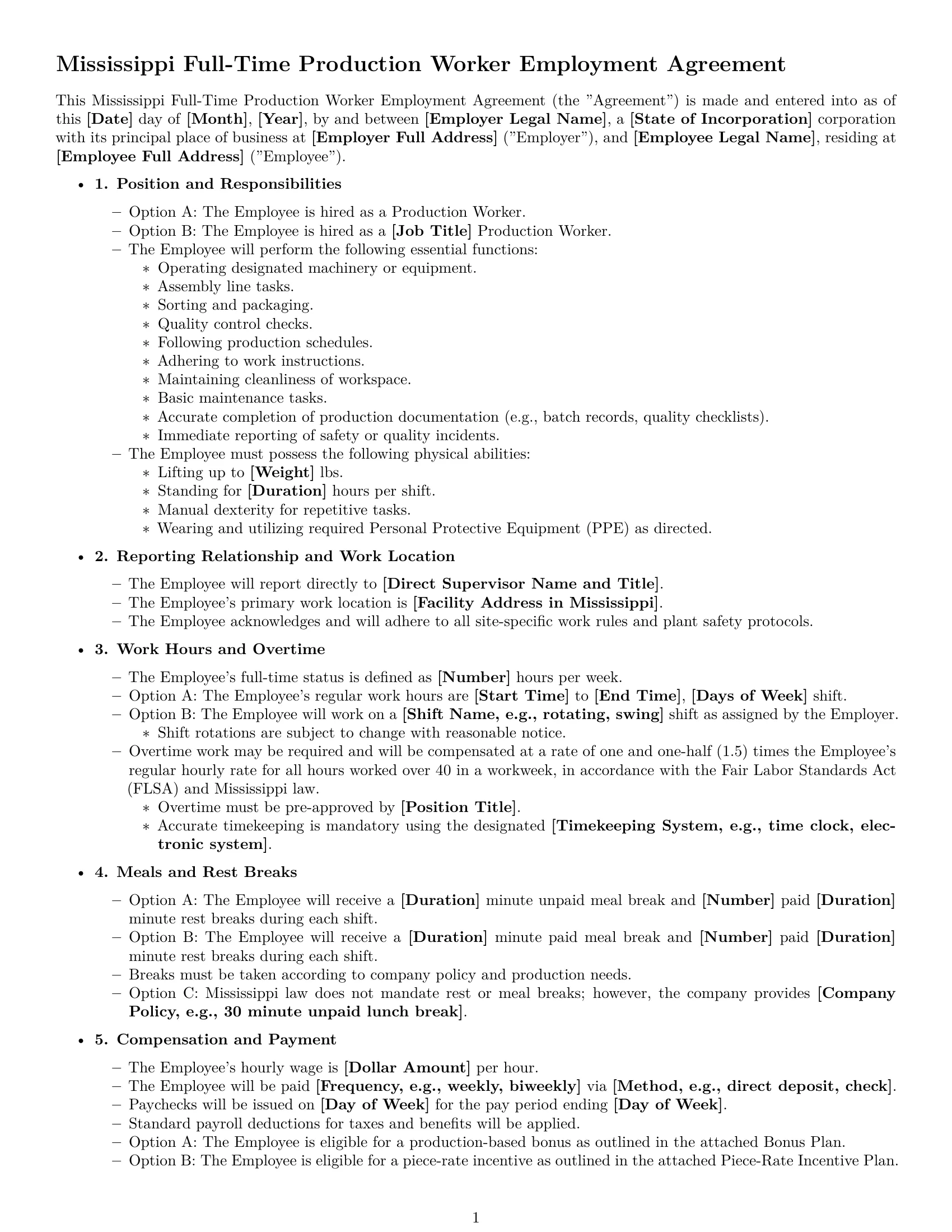 Preview page 1 of Free Mississippi production worker employment contract template