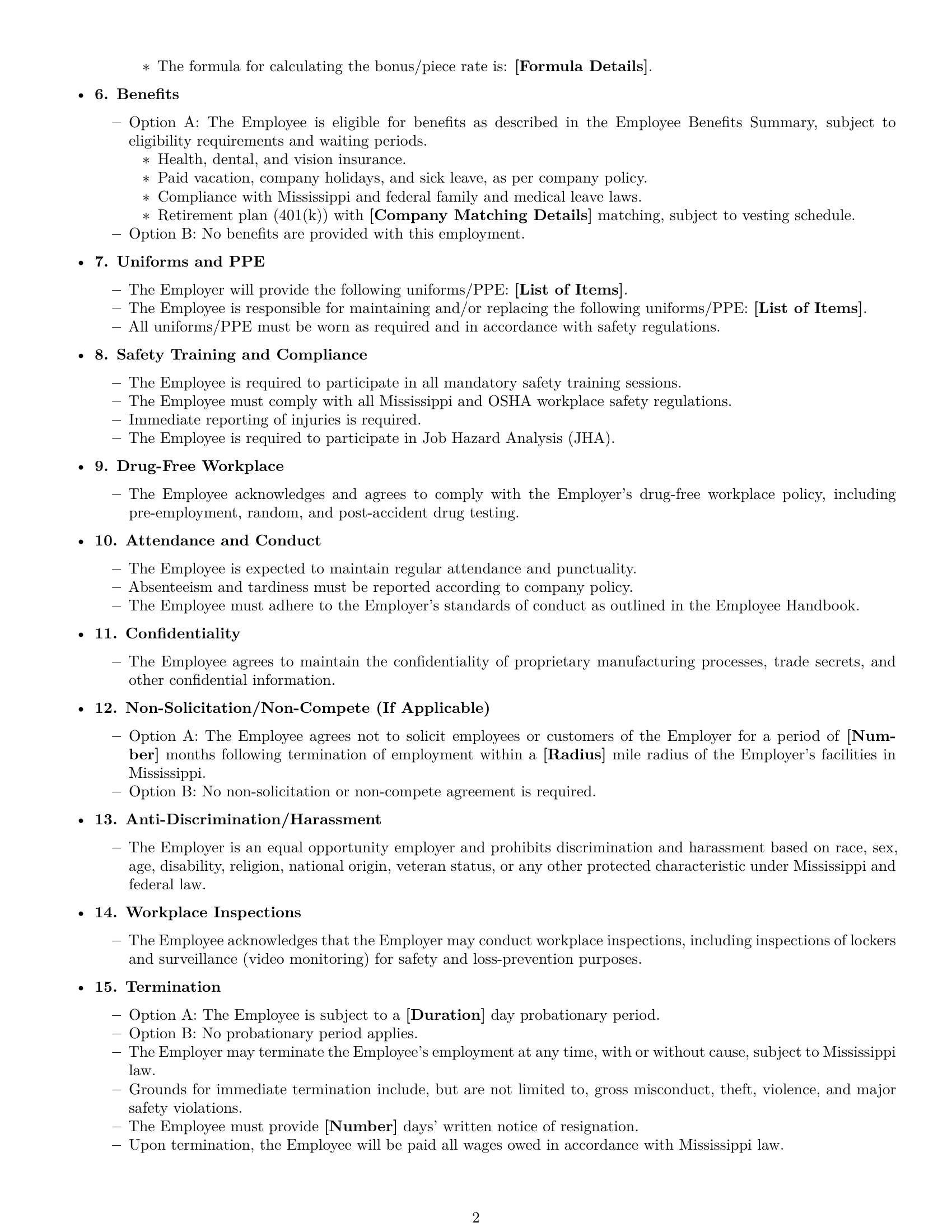 Preview page 2 of Free Mississippi production worker employment contract template