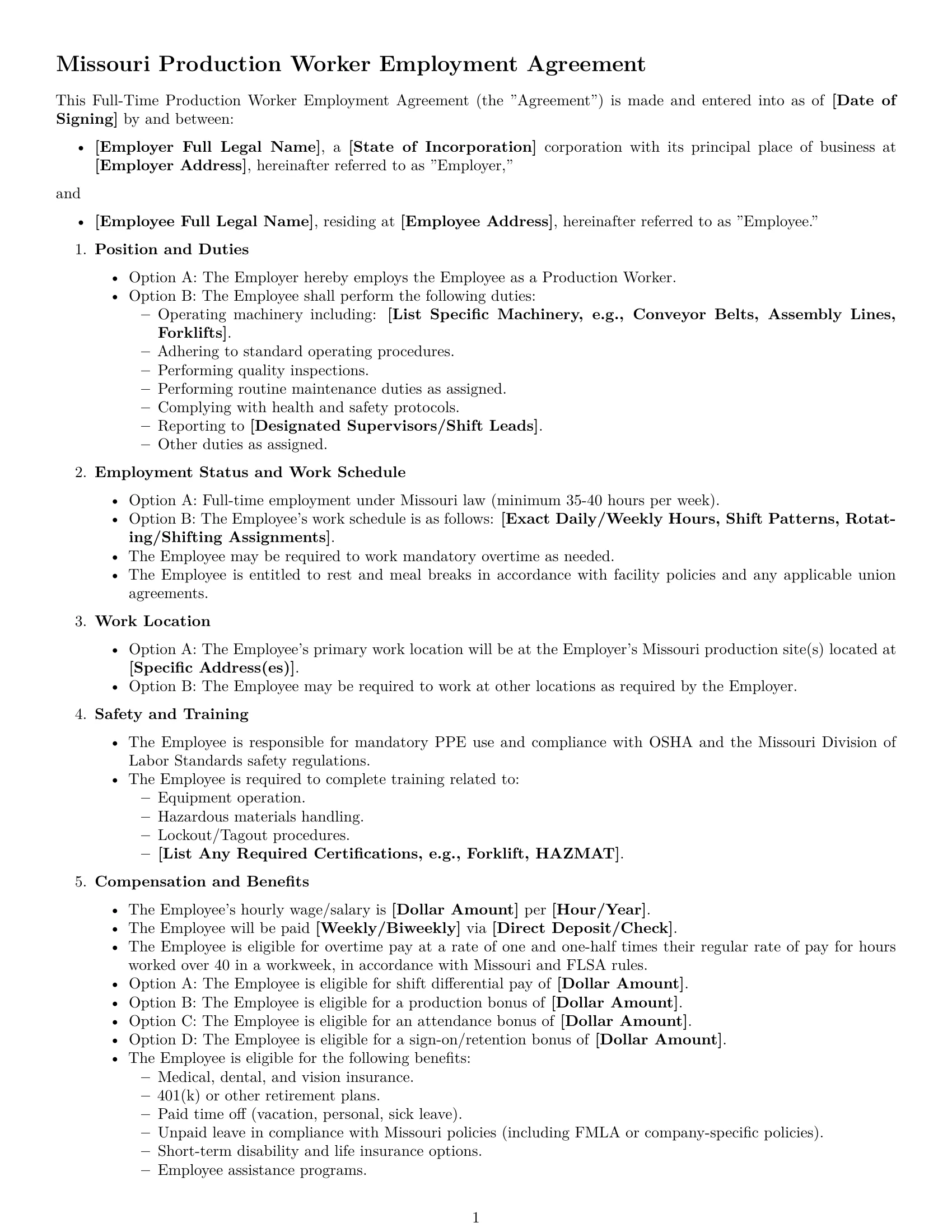 Preview page 1 of Free Missouri production worker employment contract template