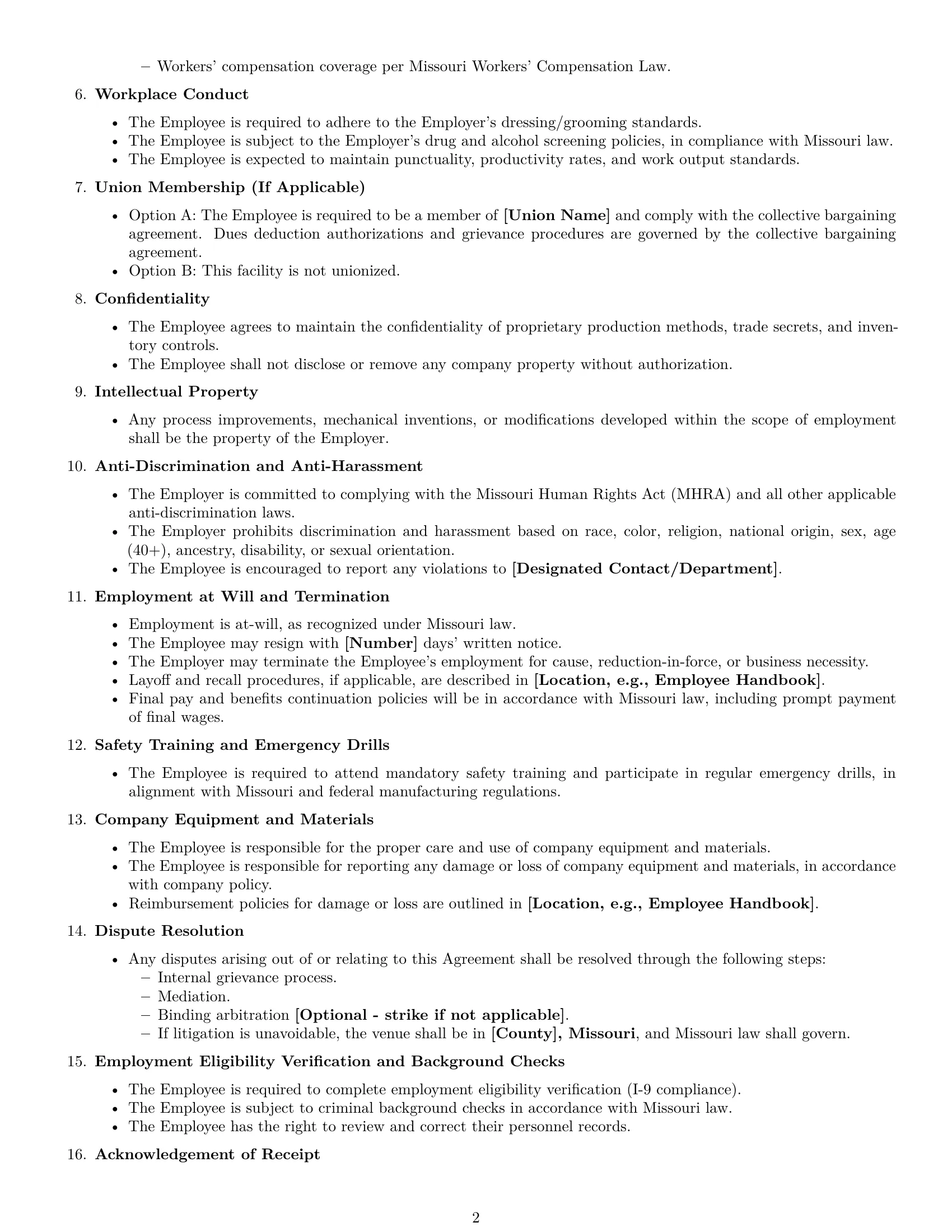 Preview page 2 of Free Missouri production worker employment contract template
