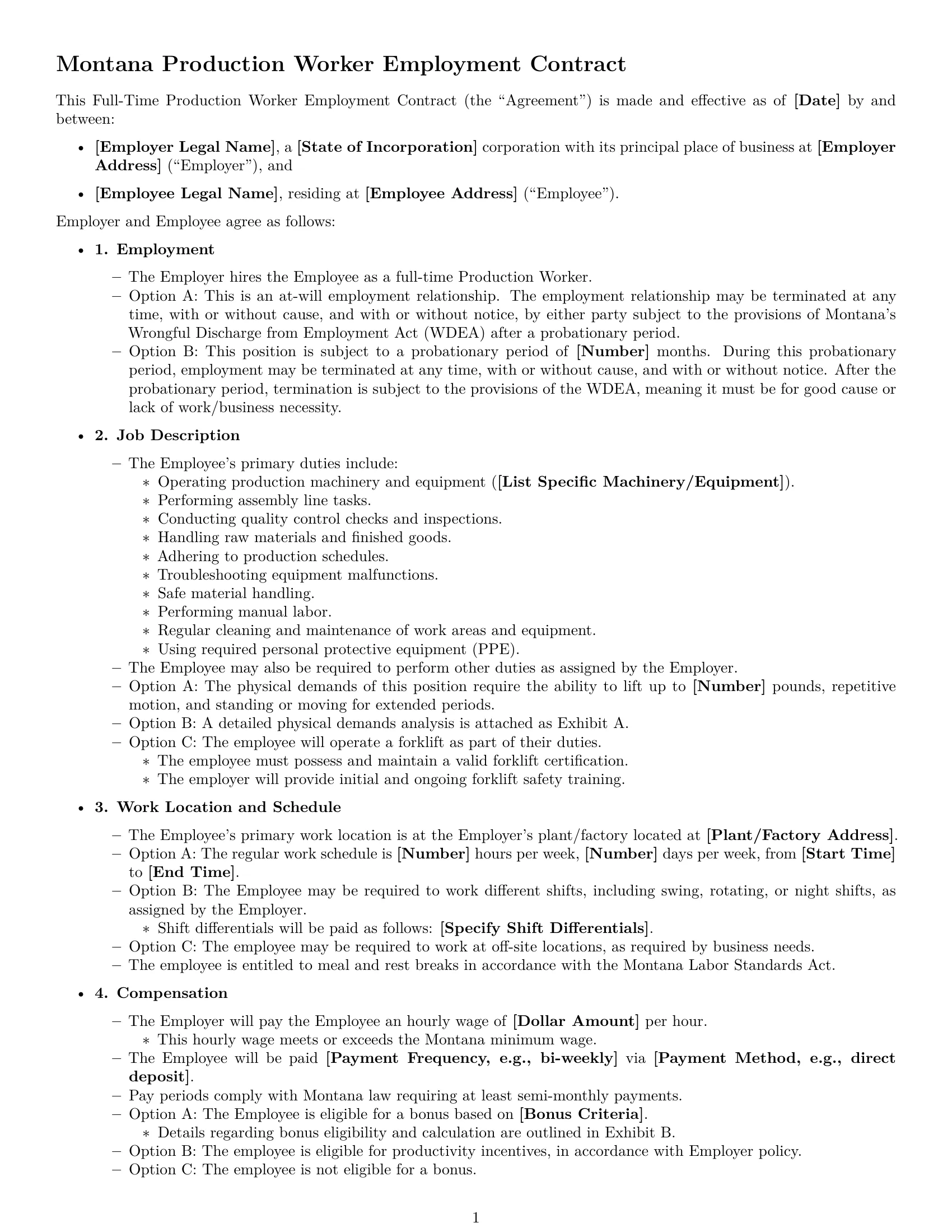 Preview page 1 of Free Montana production worker employment contract template