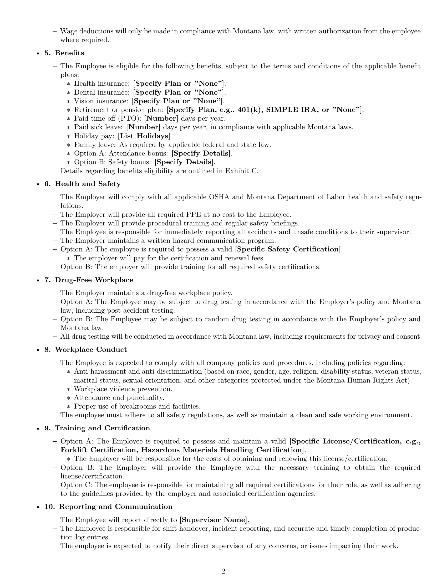 Preview page 2 of Free Montana production worker employment contract template