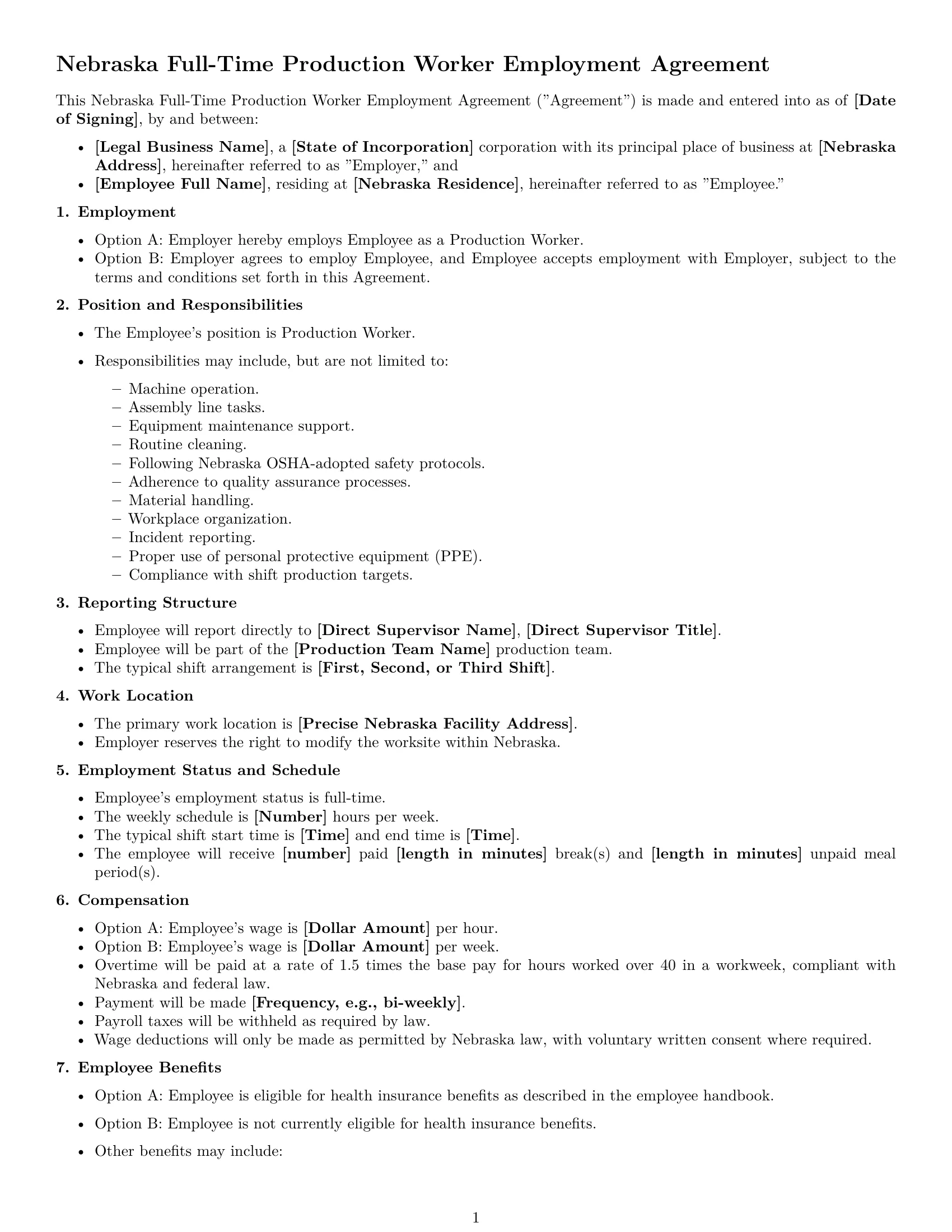 Preview page 1 of Free Nebraska production worker employment contract template