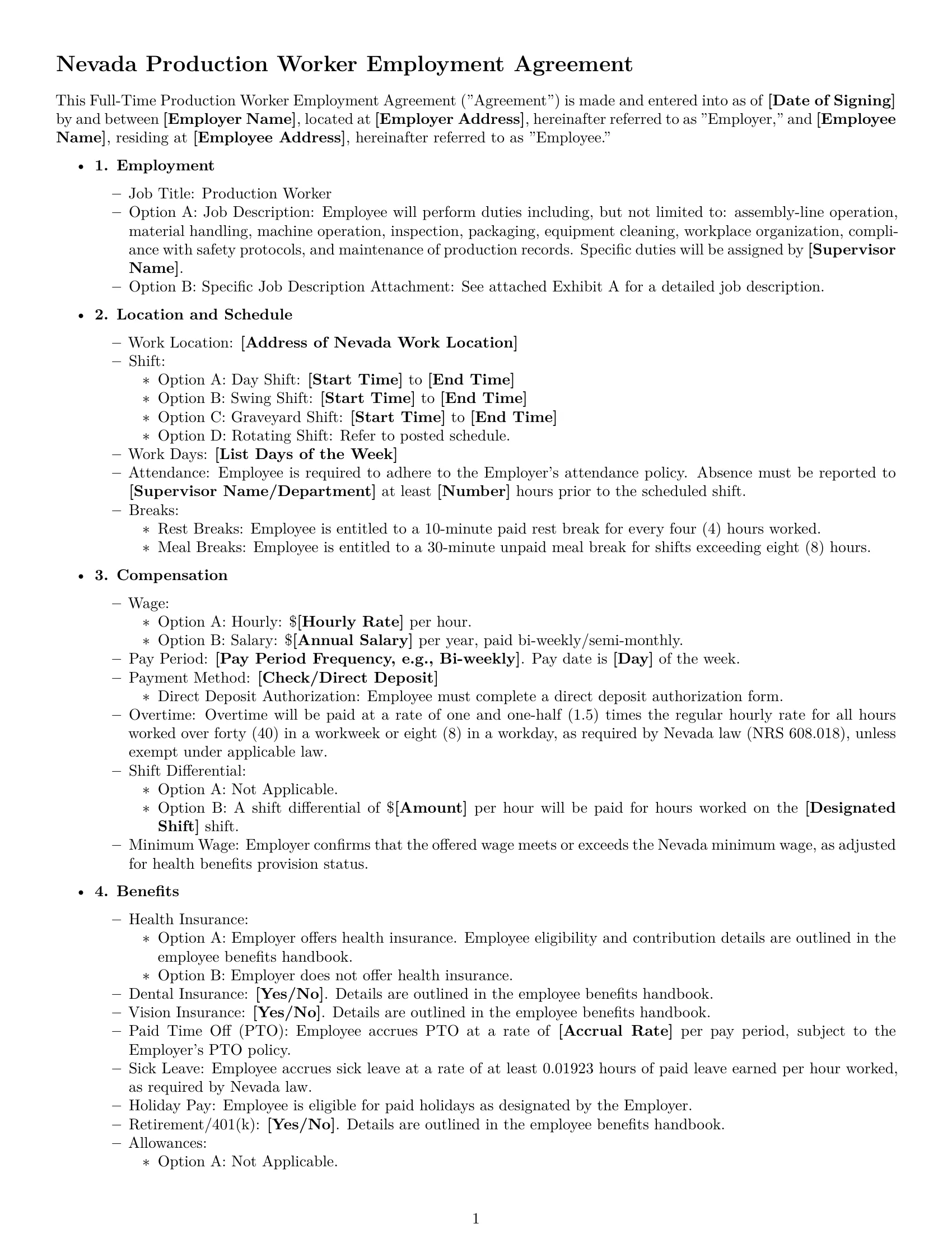 Preview page 1 of Free Nevada production worker employment contract template