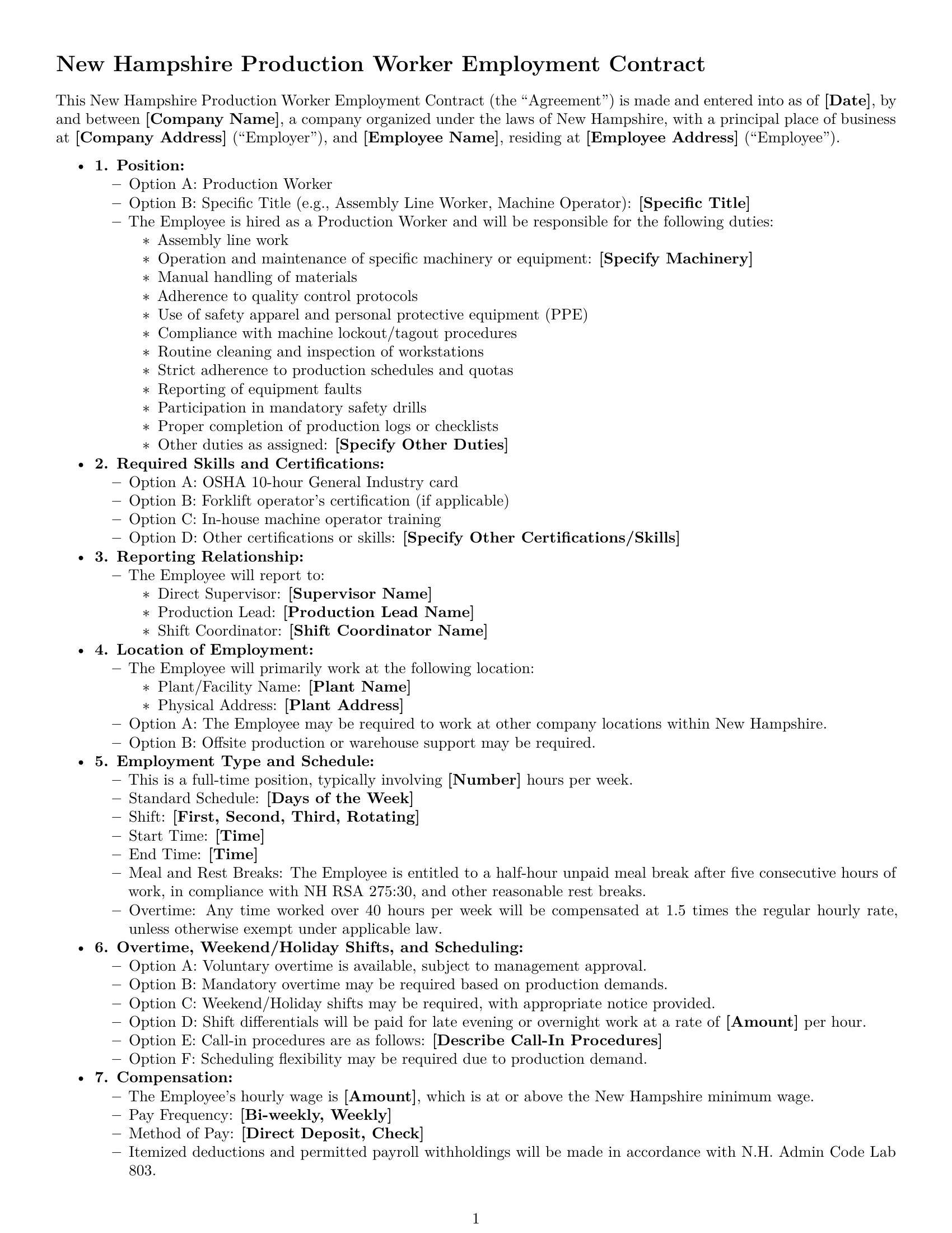 Preview page 1 of Free New Hampshire production worker employment contract template