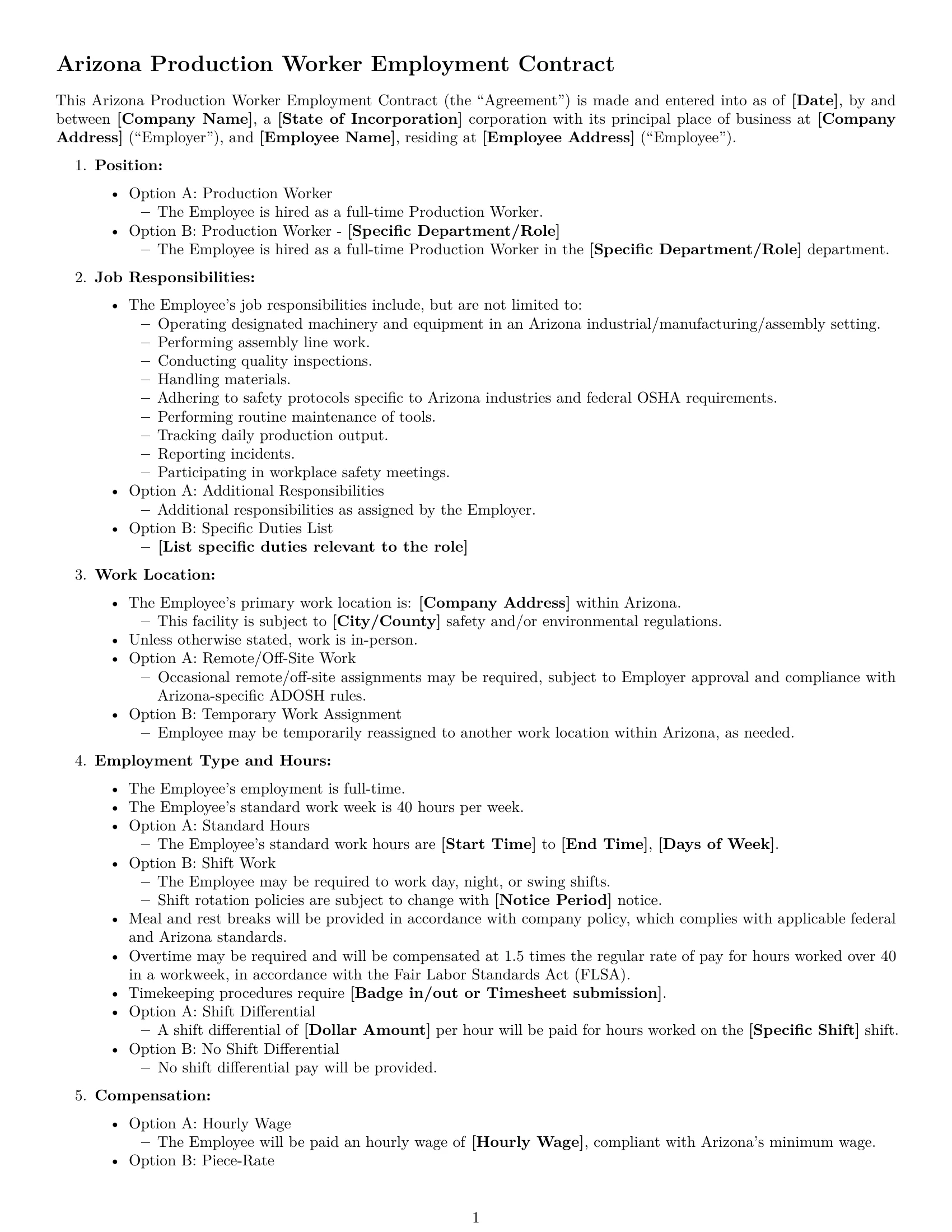Preview page 1 of Free Arizona production worker employment contract template