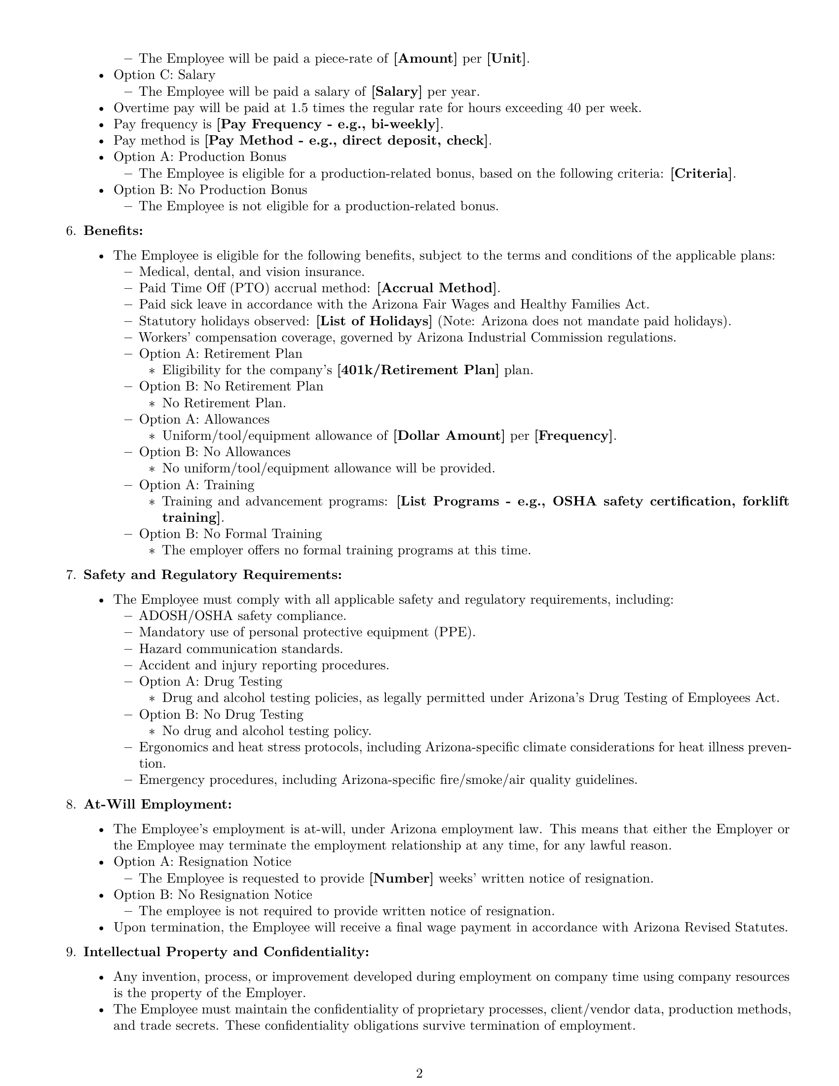Preview page 2 of Free Arizona production worker employment contract template