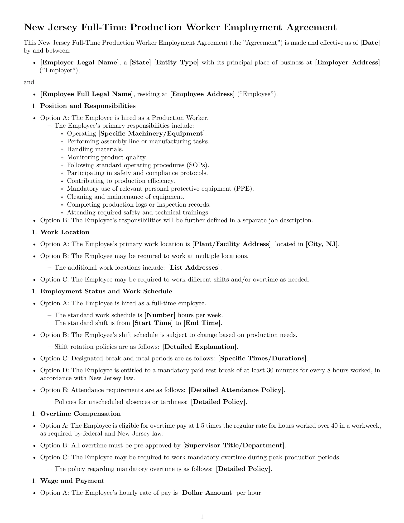 Preview page 1 of Free New Jersey production worker employment contract template