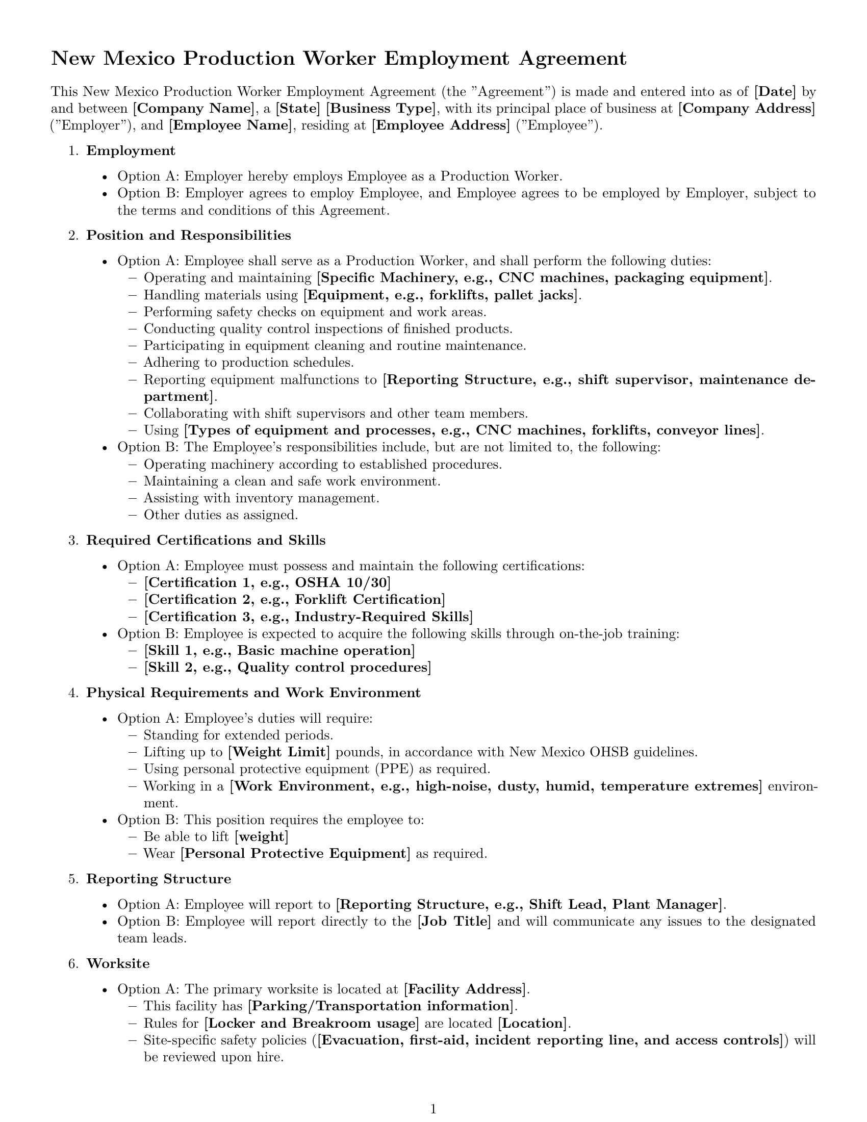 Preview page 1 of Free New Mexico production worker employment contract template