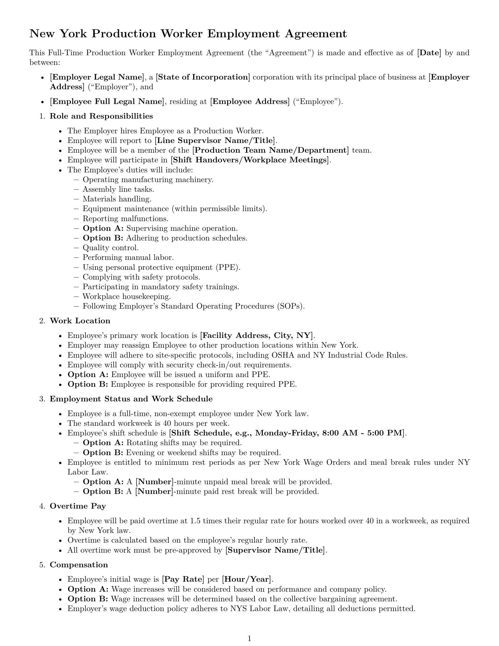 Preview page 1 of Free New York production worker employment contract template