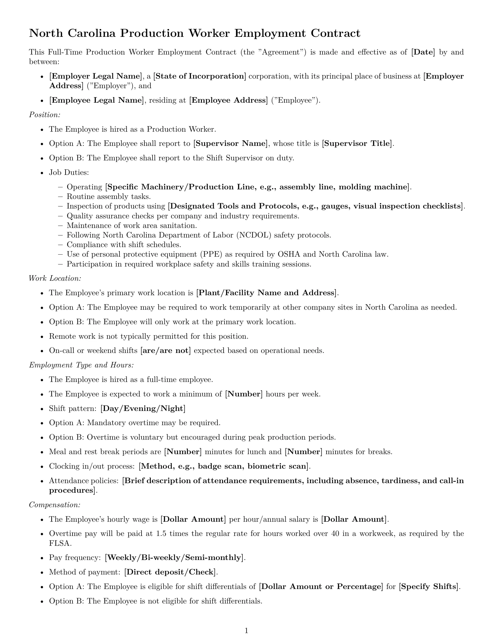Preview page 1 of Free North Carolina production worker employment contract template