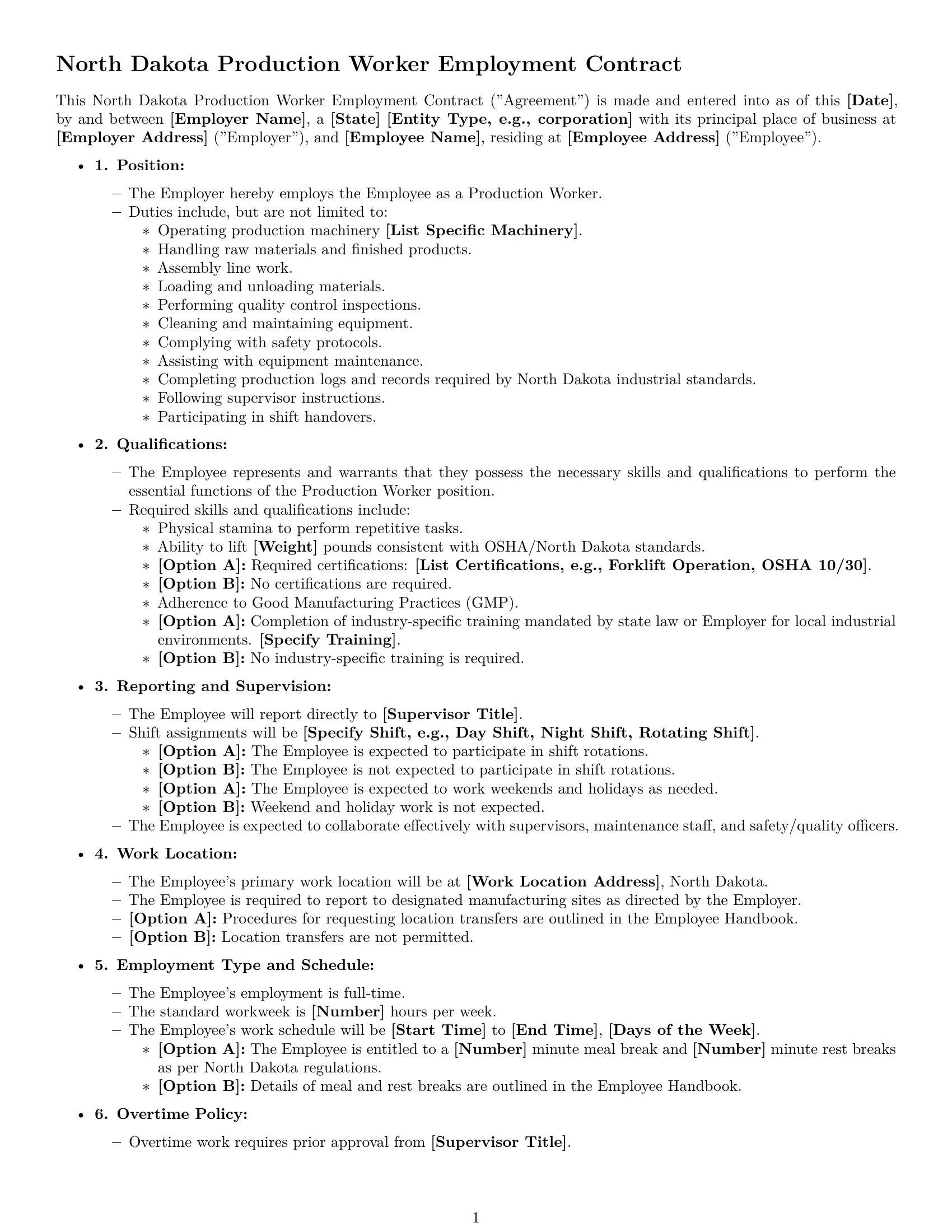 Preview page 1 of Free North Dakota production worker employment contract template