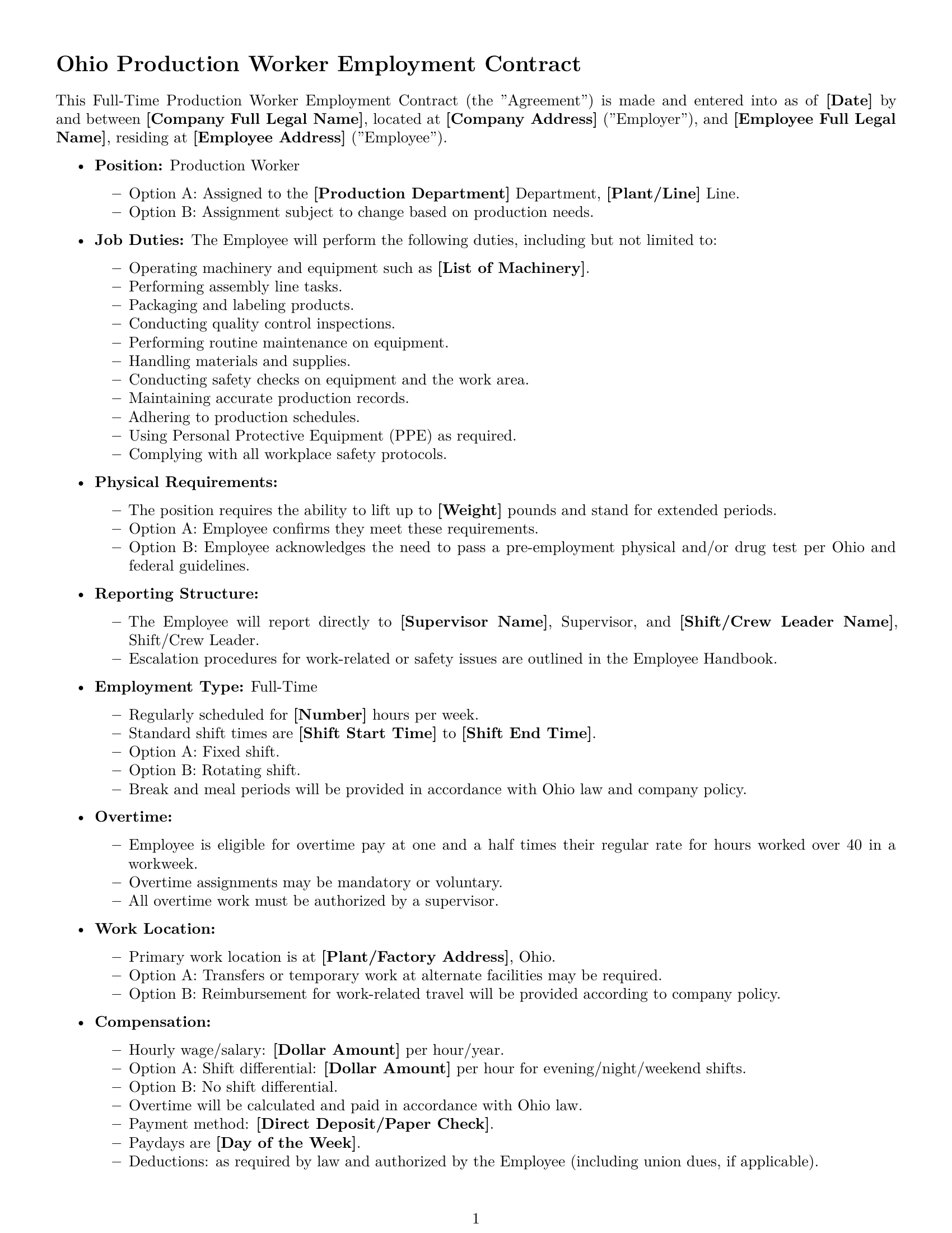 Preview page 1 of Free Ohio production worker employment contract template