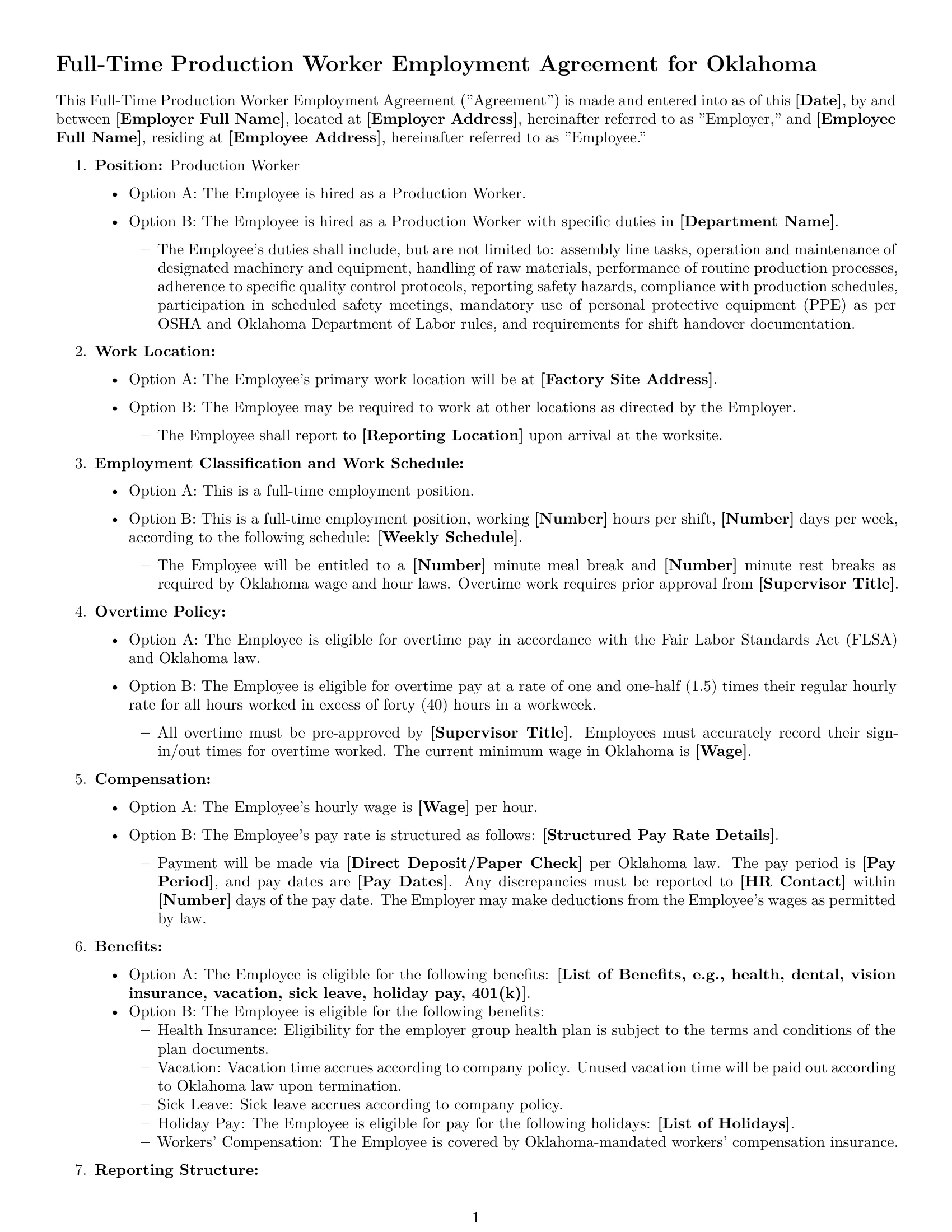 Preview page 1 of Free Oklahoma production worker employment contract template