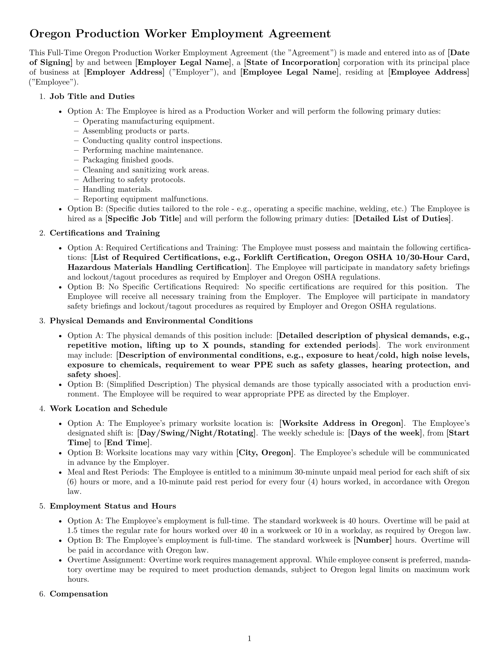 Preview page 1 of Free Oregon production worker employment contract template