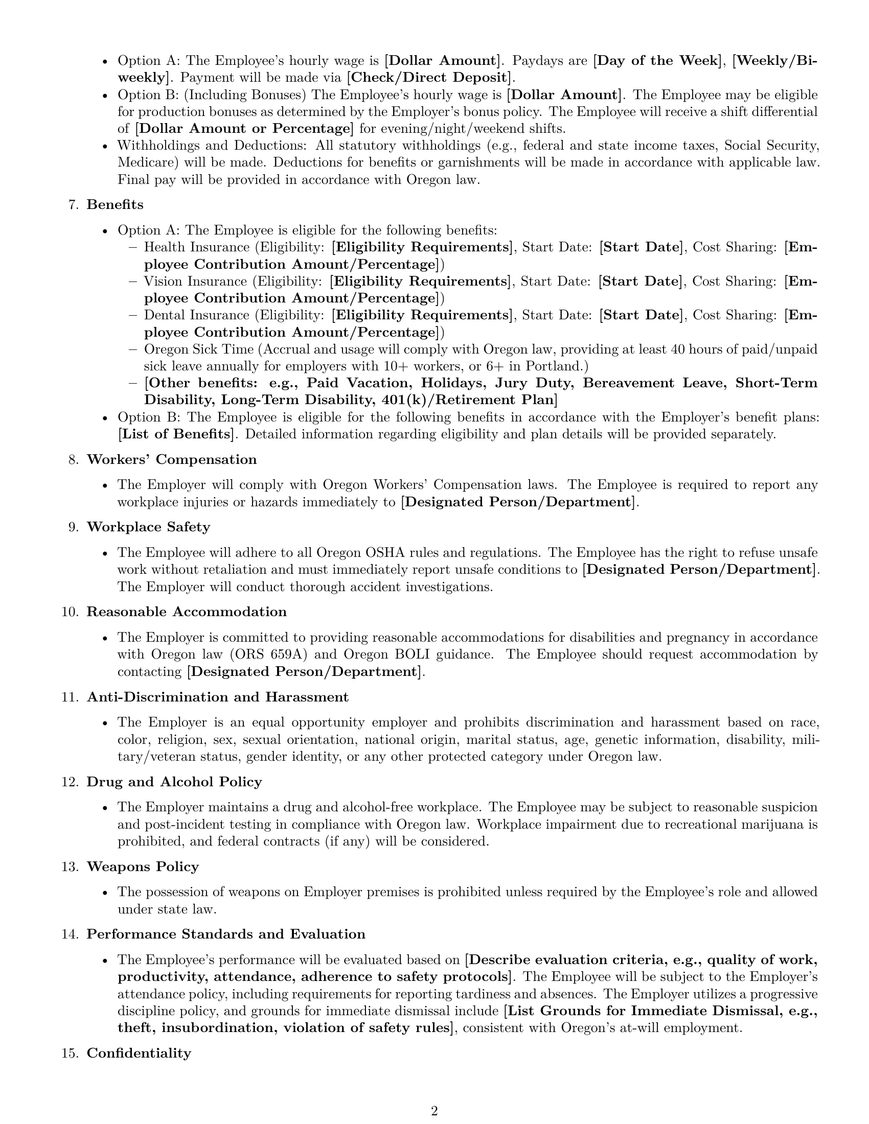 Preview page 2 of Free Oregon production worker employment contract template
