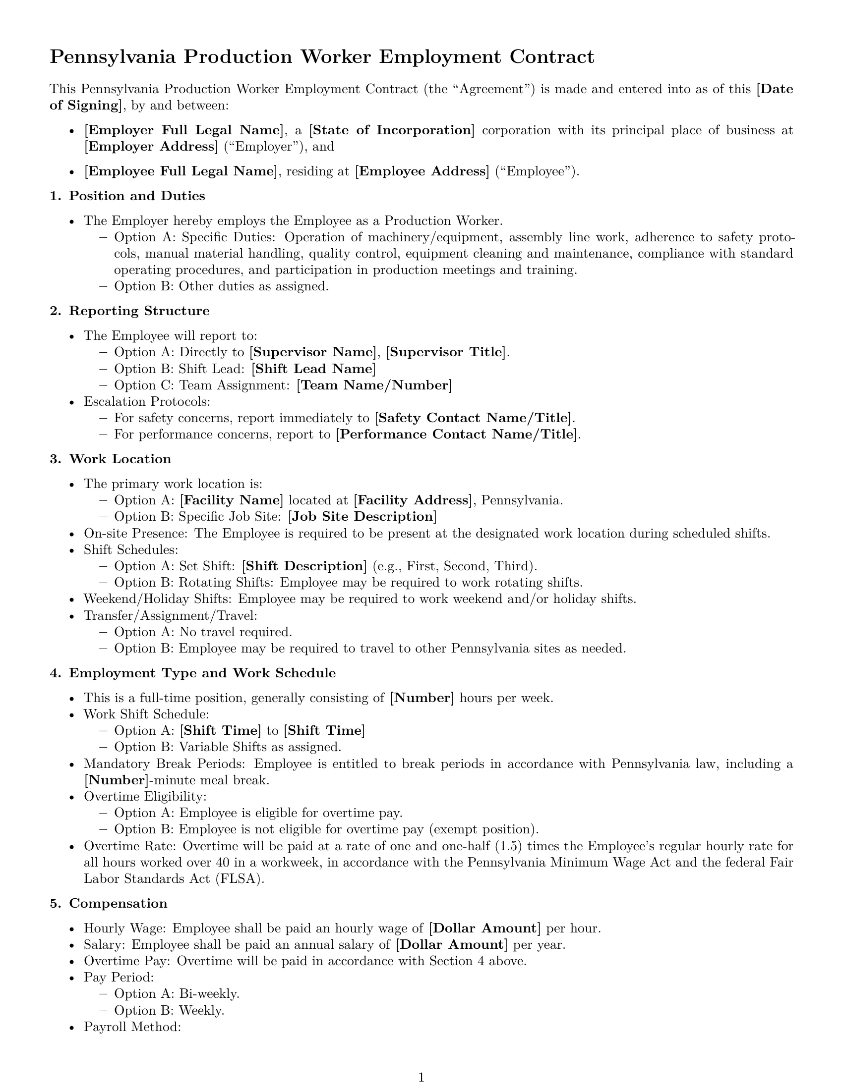 Preview page 1 of Free Pennsylvania production worker employment contract template