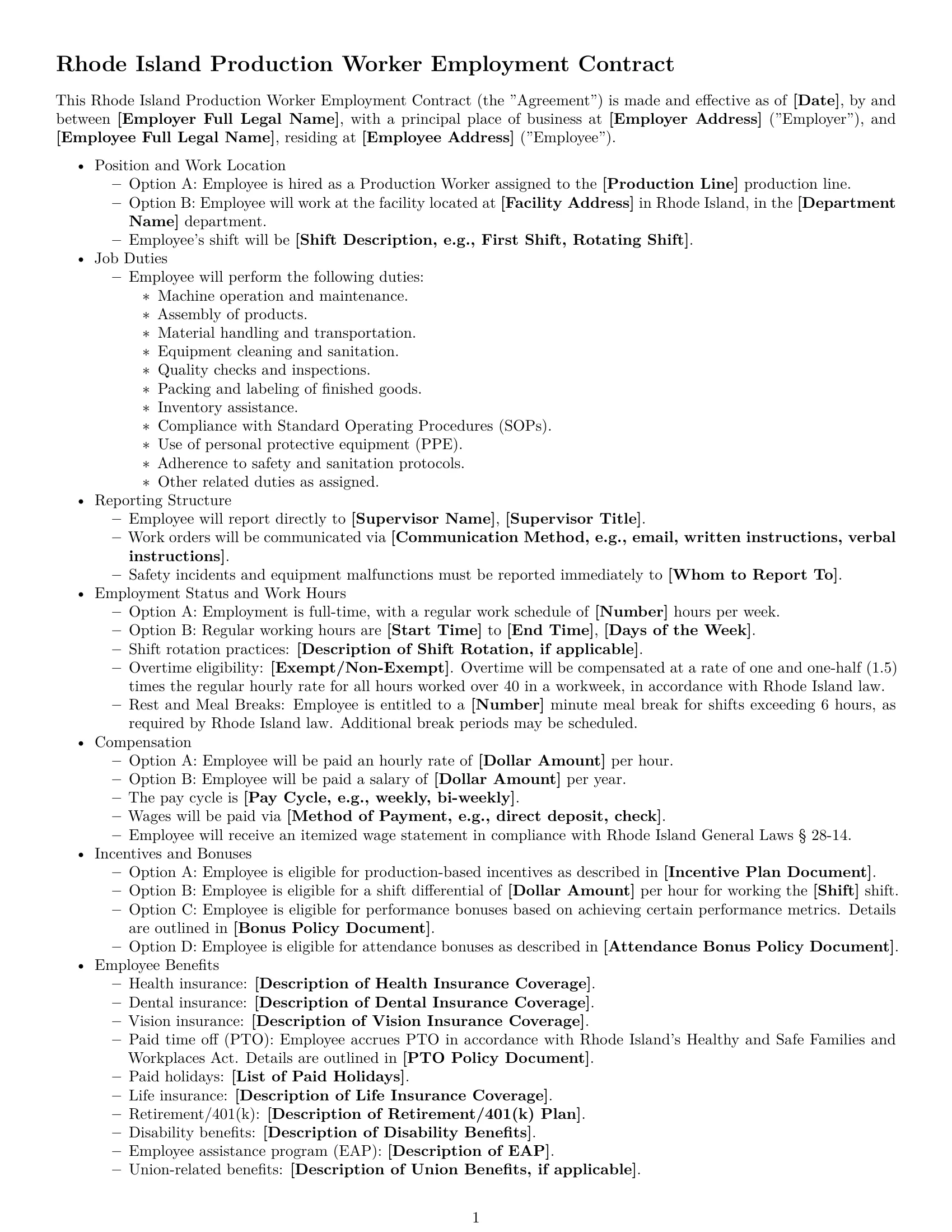 Preview page 1 of Free Rhode Island production worker employment contract template