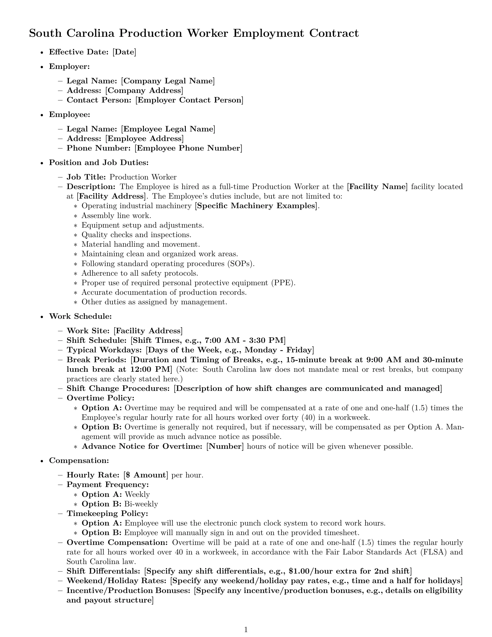Preview page 1 of Free South Carolina production worker employment contract template