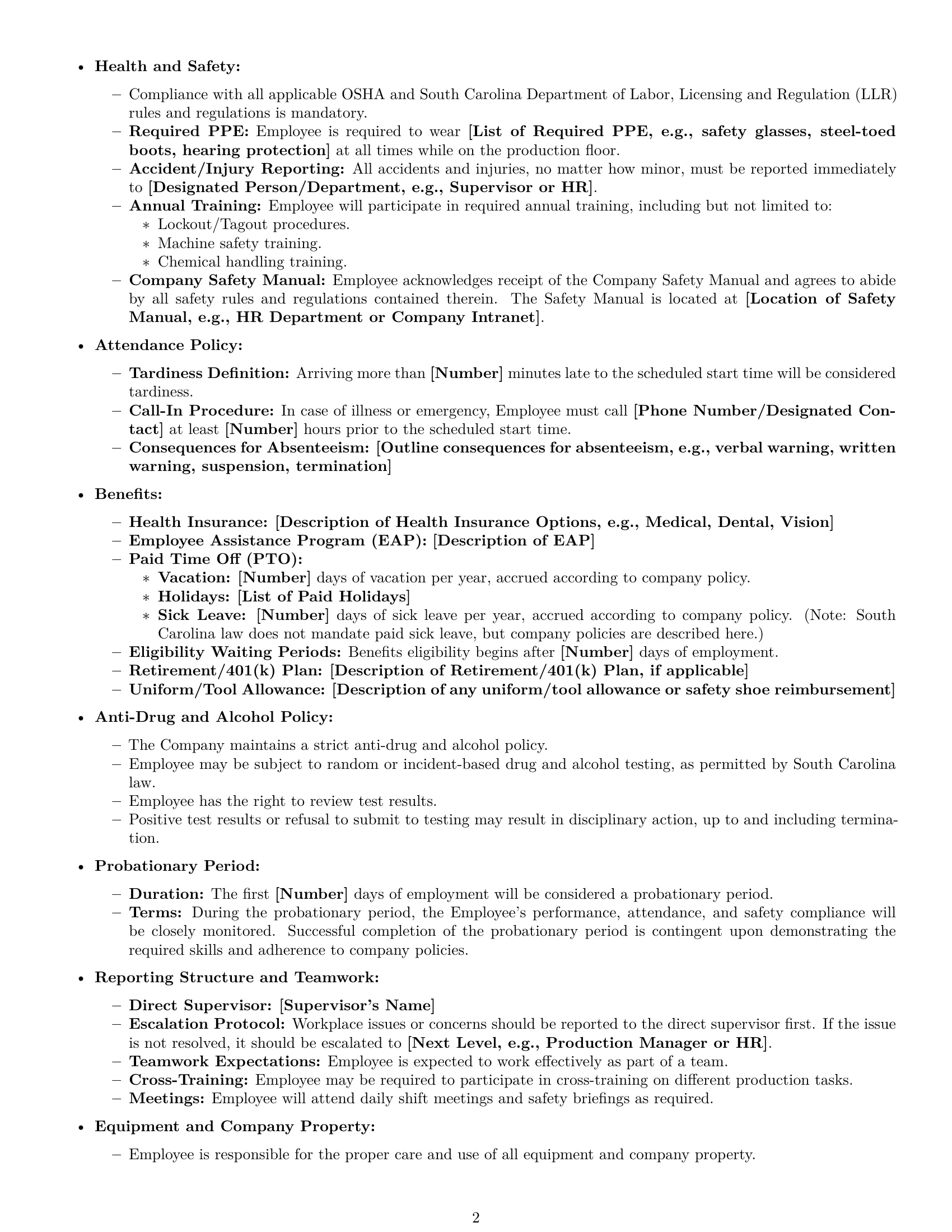 Preview page 2 of Free South Carolina production worker employment contract template