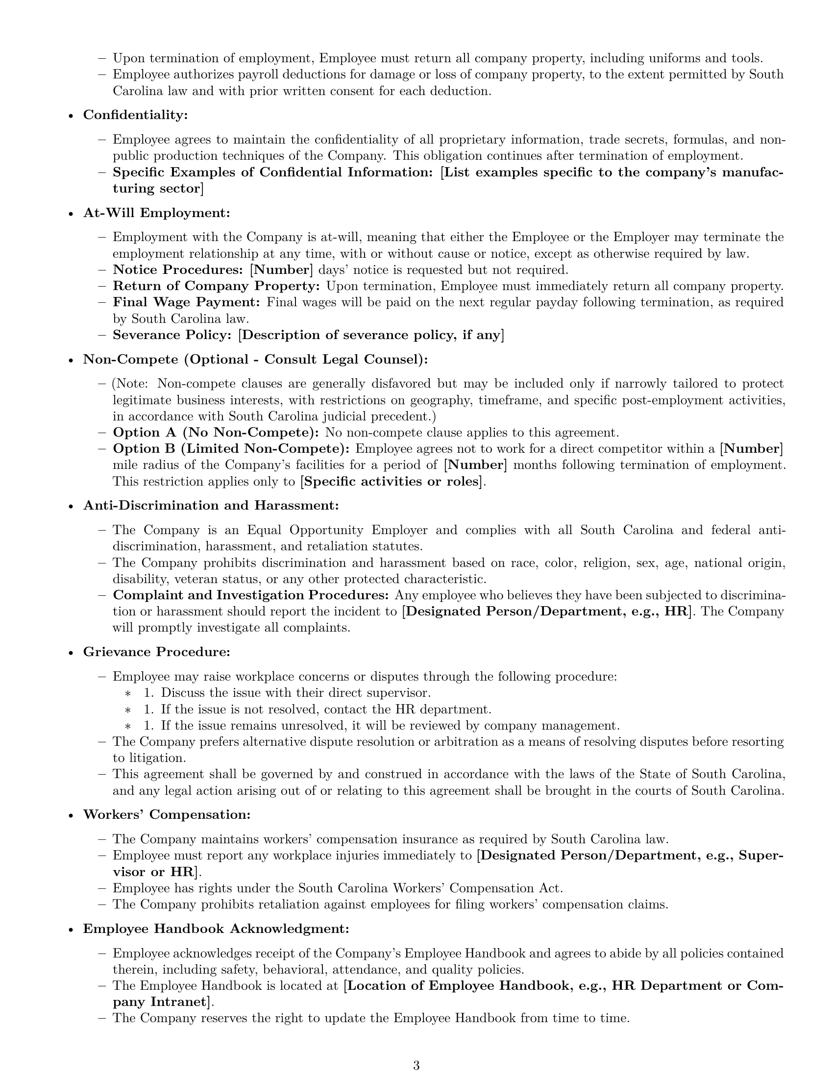 Preview page 3 of Free South Carolina production worker employment contract template
