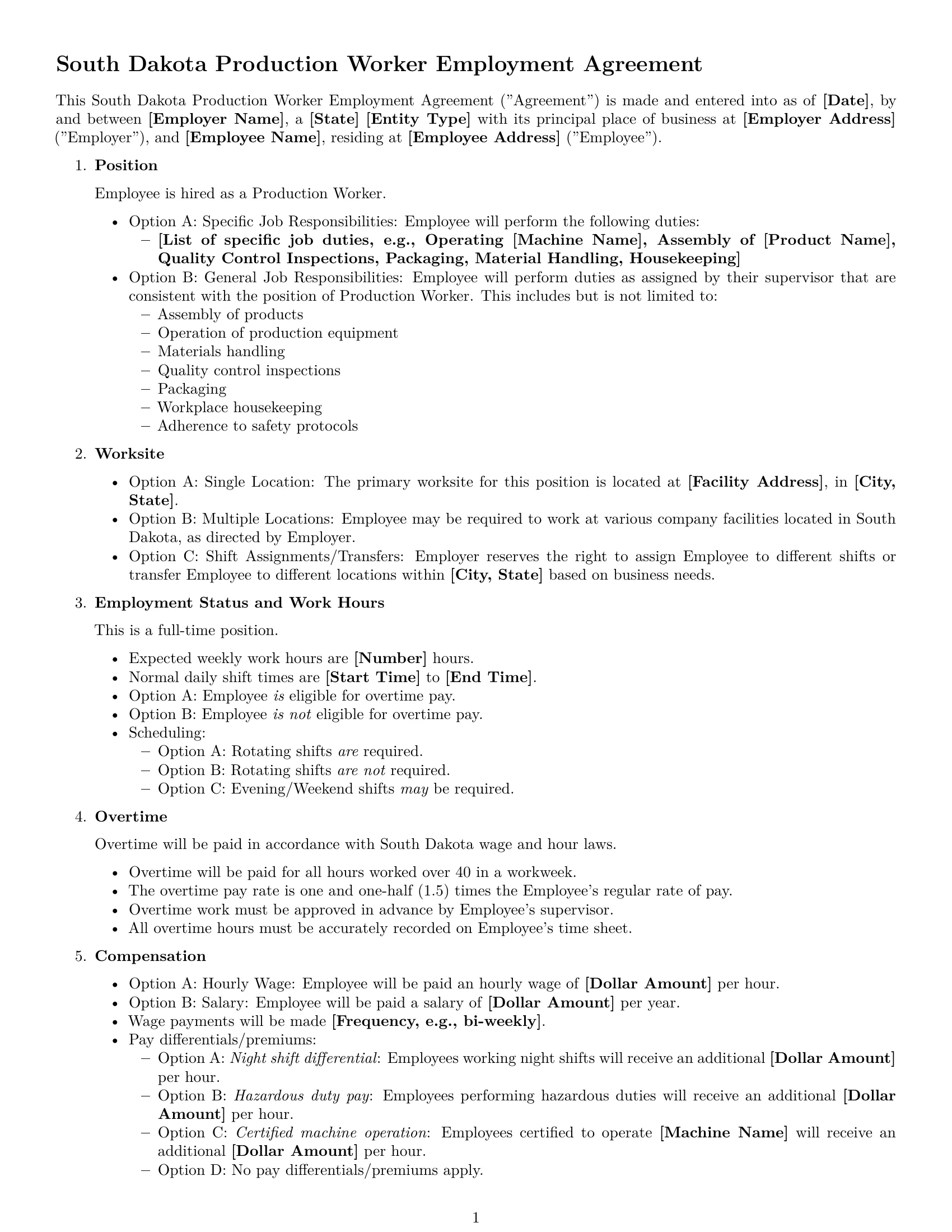 Preview page 1 of Free South Dakota production worker employment contract template