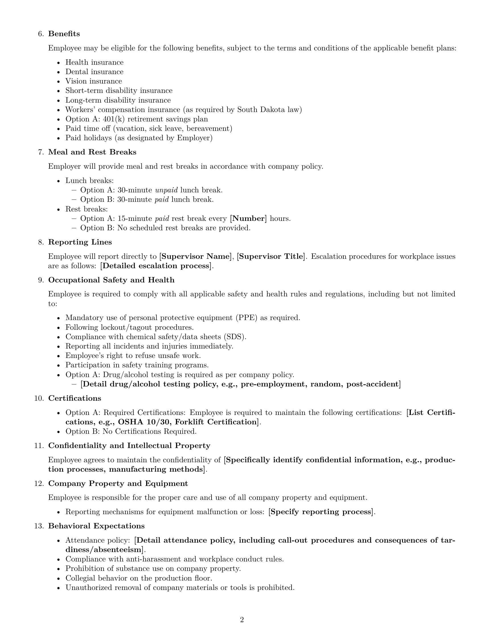Preview page 2 of Free South Dakota production worker employment contract template